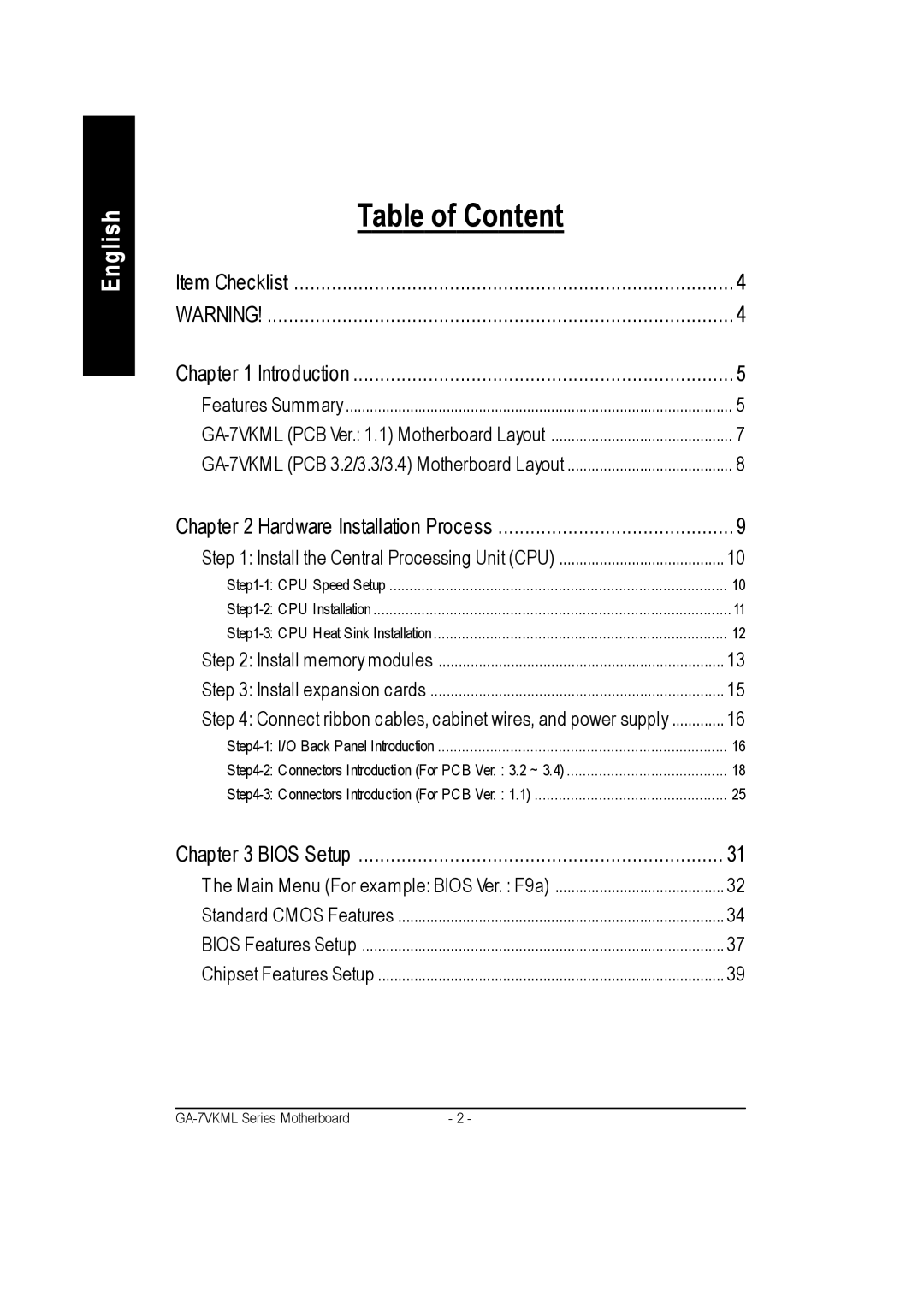 Gigabyte GA-7vkml warranty Table of Content 