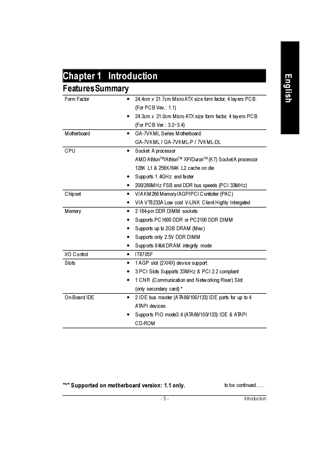 Gigabyte GA-7vkml FeaturesSummary, Supported on motherboard version 1.1 only, GA-7VKML / GA-7VKML-P / 7VKML-DL, Cpu 