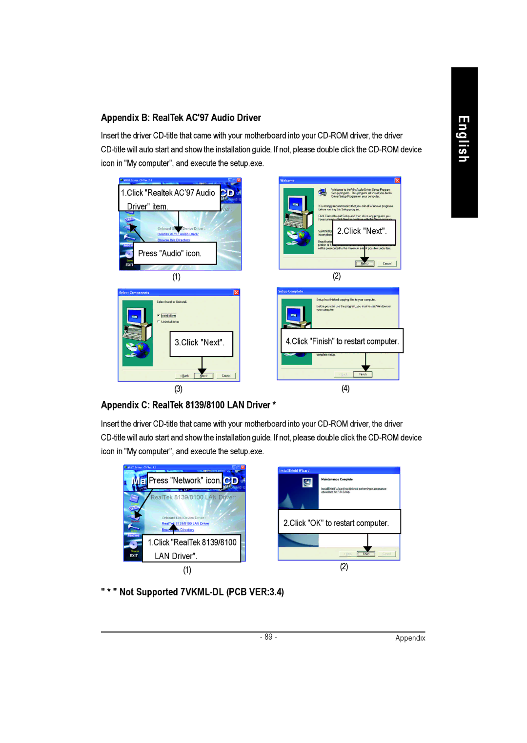 Gigabyte GA-7vkml warranty Appendix B RealTek AC97 Audio Driver, Appendix C RealTek 8139/8100 LAN Driver 