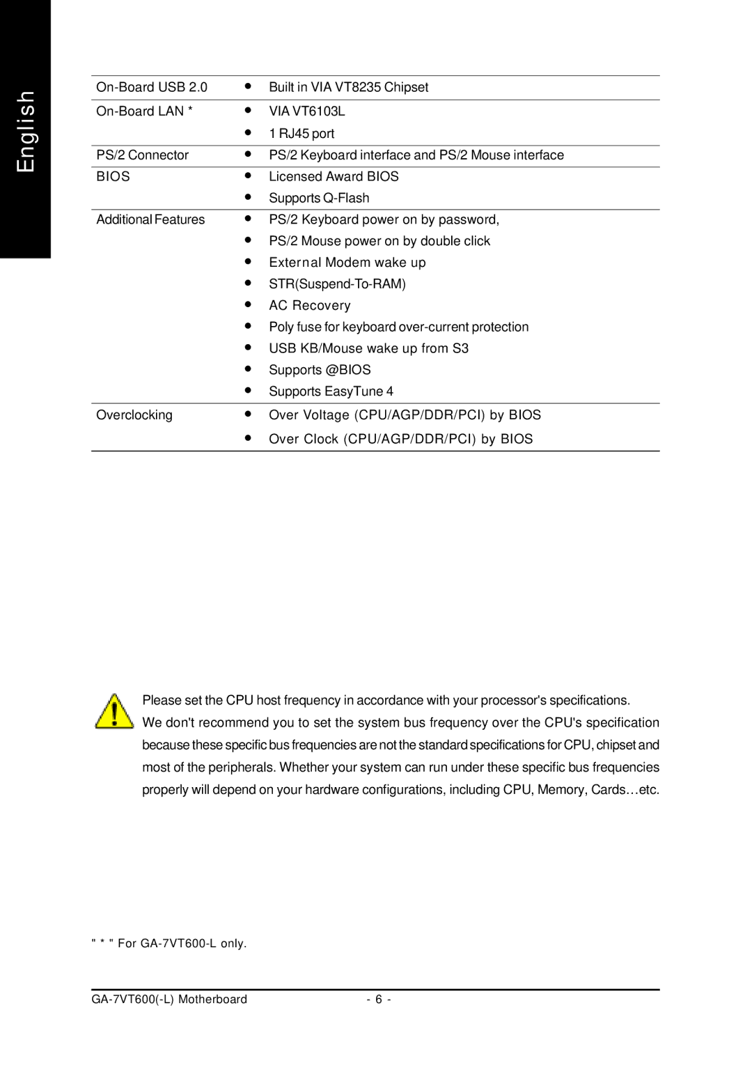 Gigabyte GA-7VT600 manual VIA VT6103L 