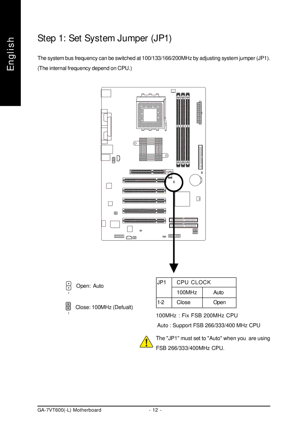 Gigabyte GA-7VT600 manual Set System Jumper JP1, JP1 CPU Clock 