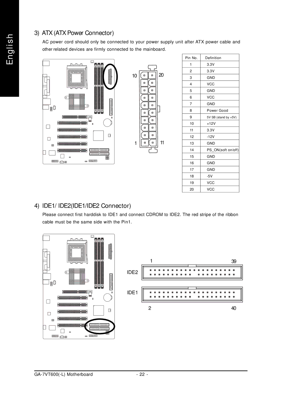 Gigabyte GA-7VT600 manual ATX ATX Power Connector, IDE1/ IDE2IDE1/IDE2 Connector 