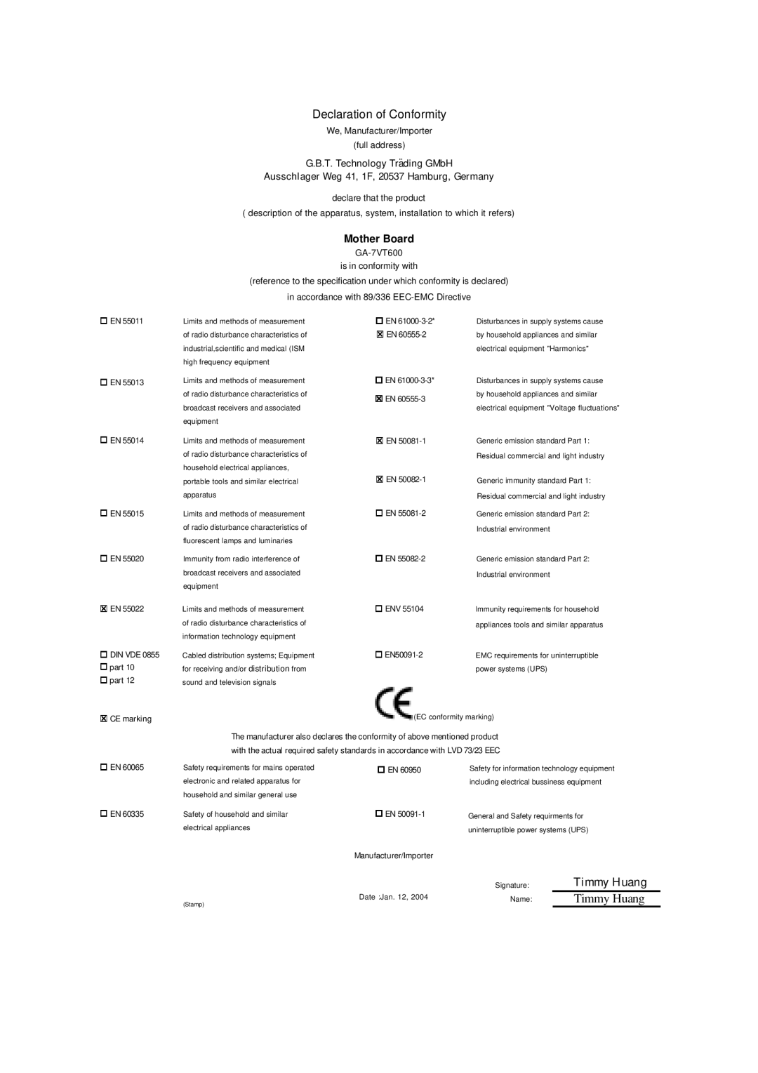 Gigabyte GA-7VT600 manual Declaration of Conformity 