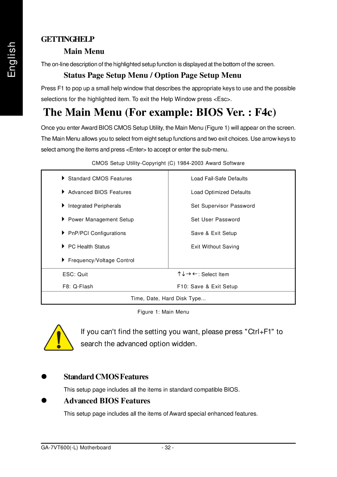 Gigabyte GA-7VT600 manual Main Menu For example Bios Ver. F4c, Status Page Setup Menu / Option Page Setup Menu 