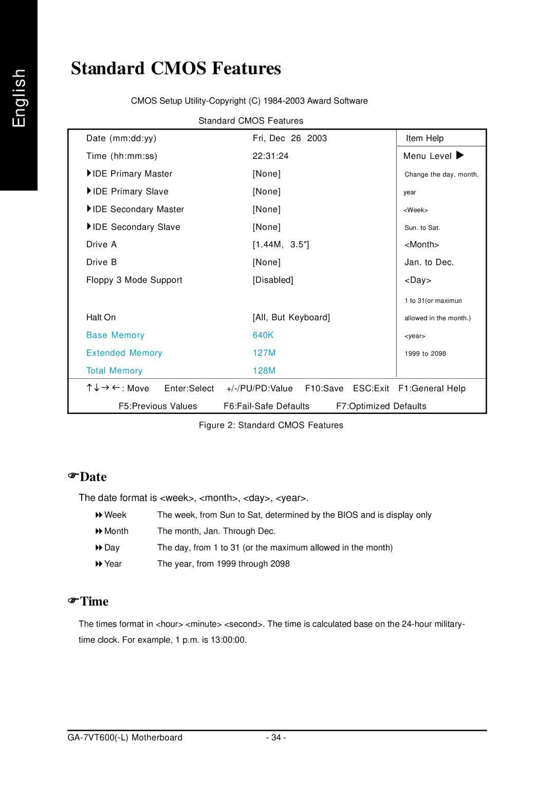 Gigabyte GA-7VT600 manual Standard Cmos Features, Date, Time 