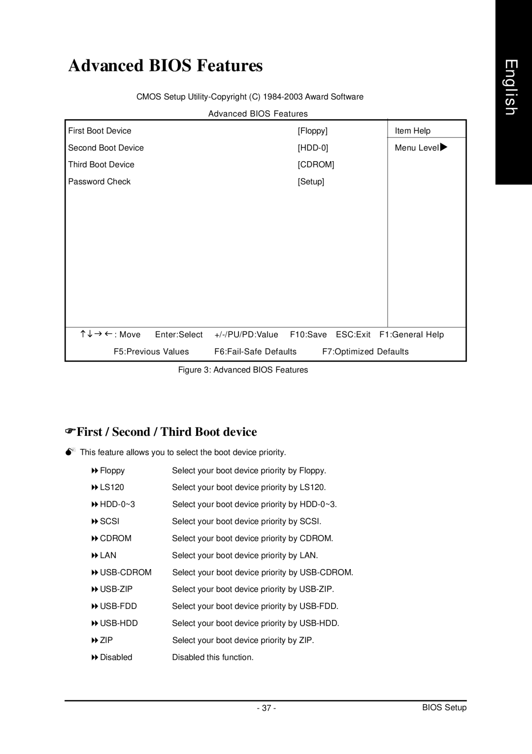 Gigabyte GA-7VT600 manual Advanced Bios Features, First / Second / Third Boot device 