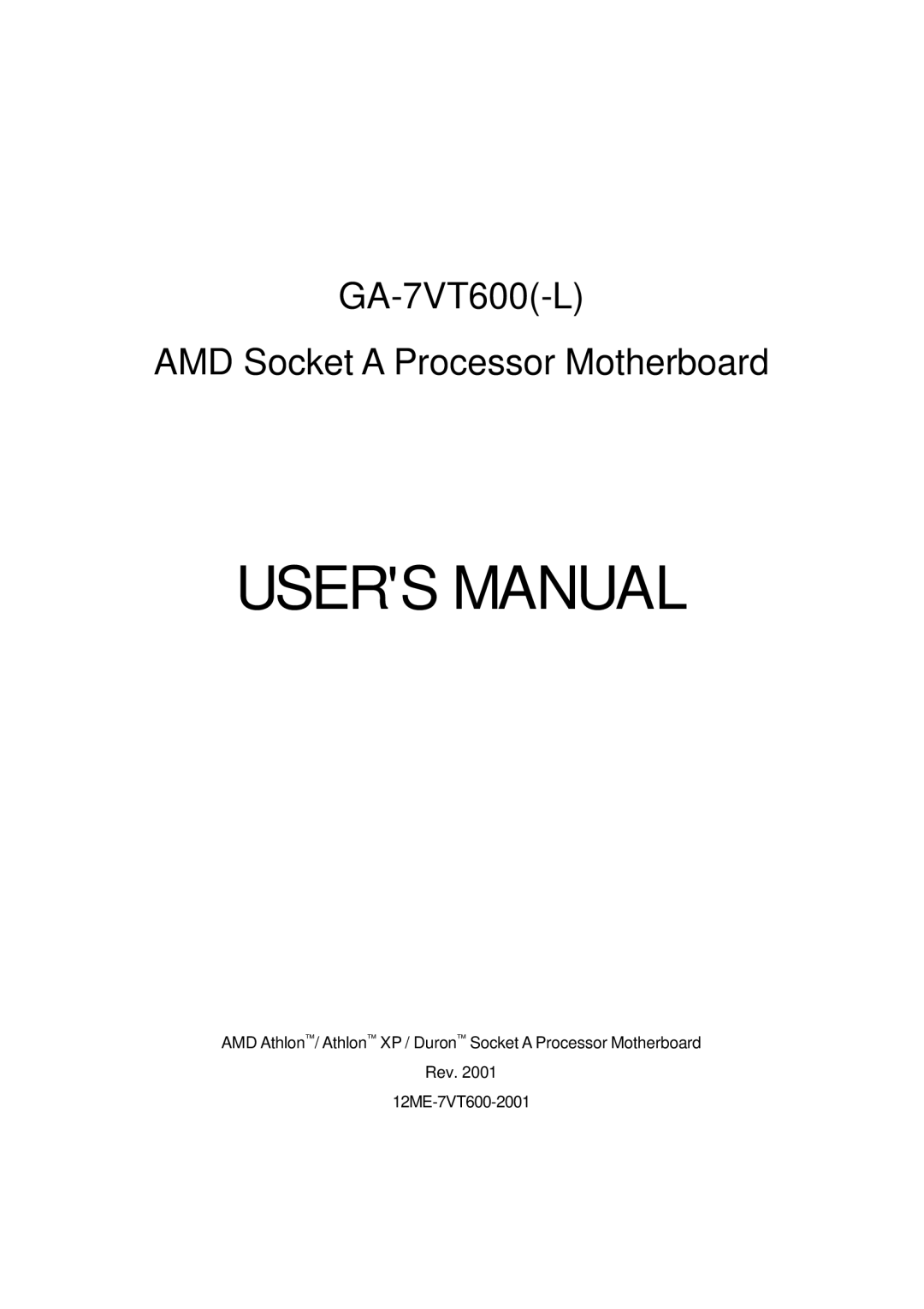 Gigabyte manual GA-7VT600-L AMD Socket a Processor Motherboard 