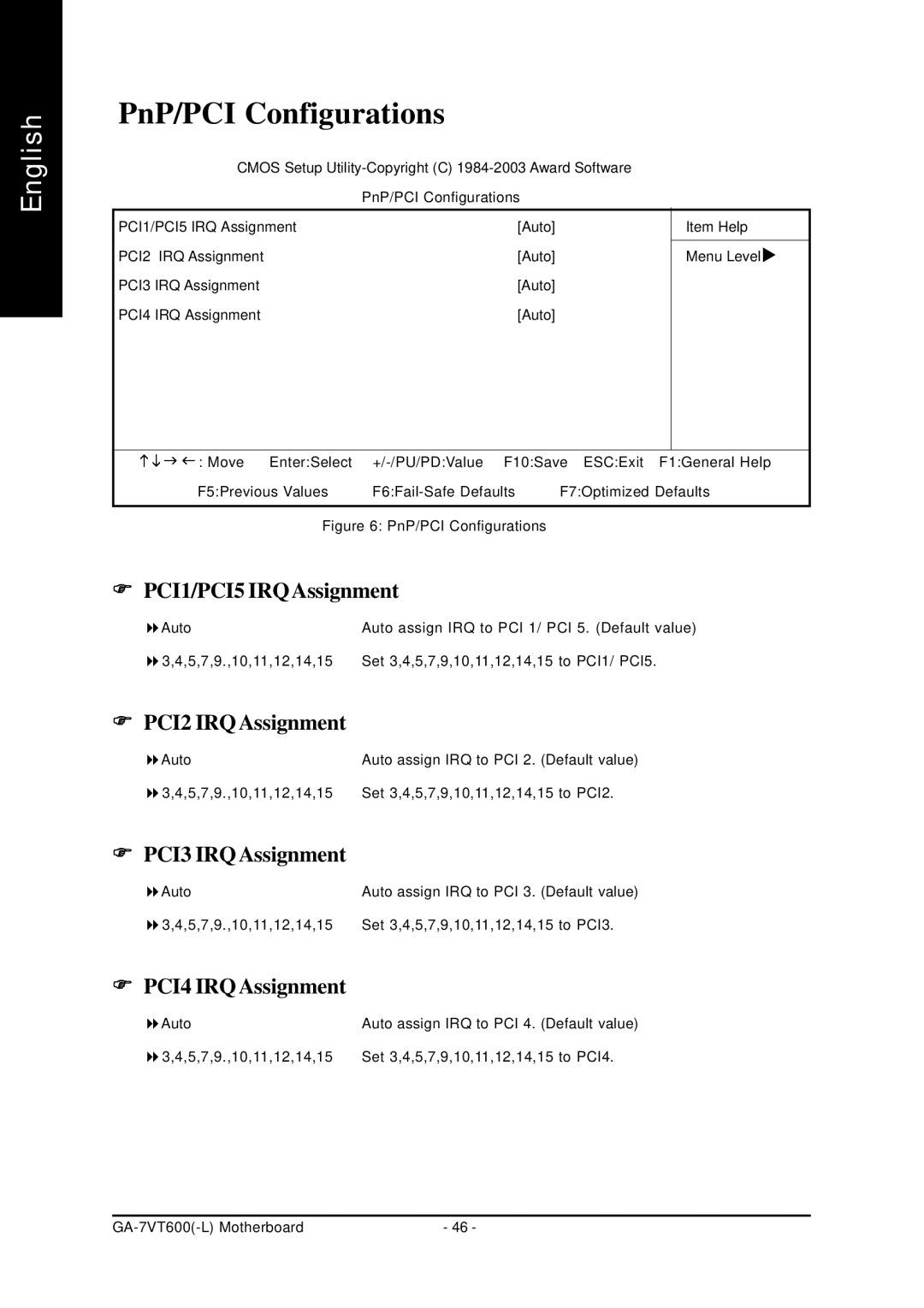 Gigabyte GA-7VT600 manual PnP/PCI Configurations, PCI1/PCI5 IRQAssignment, PCI2 IRQAssignment, PCI3 IRQAssignment 