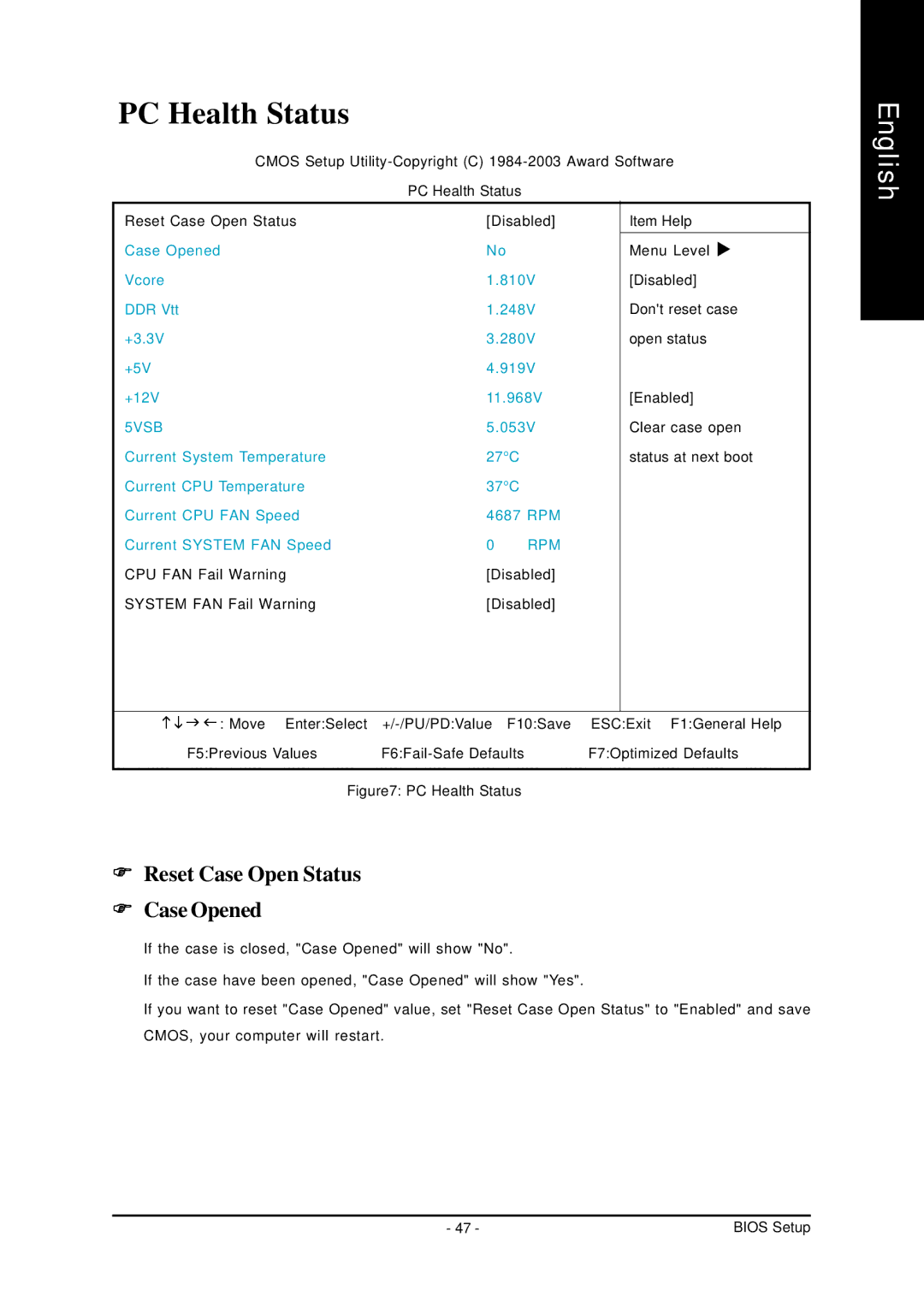 Gigabyte GA-7VT600 manual PC Health Status, Reset Case Open Status Case Opened 