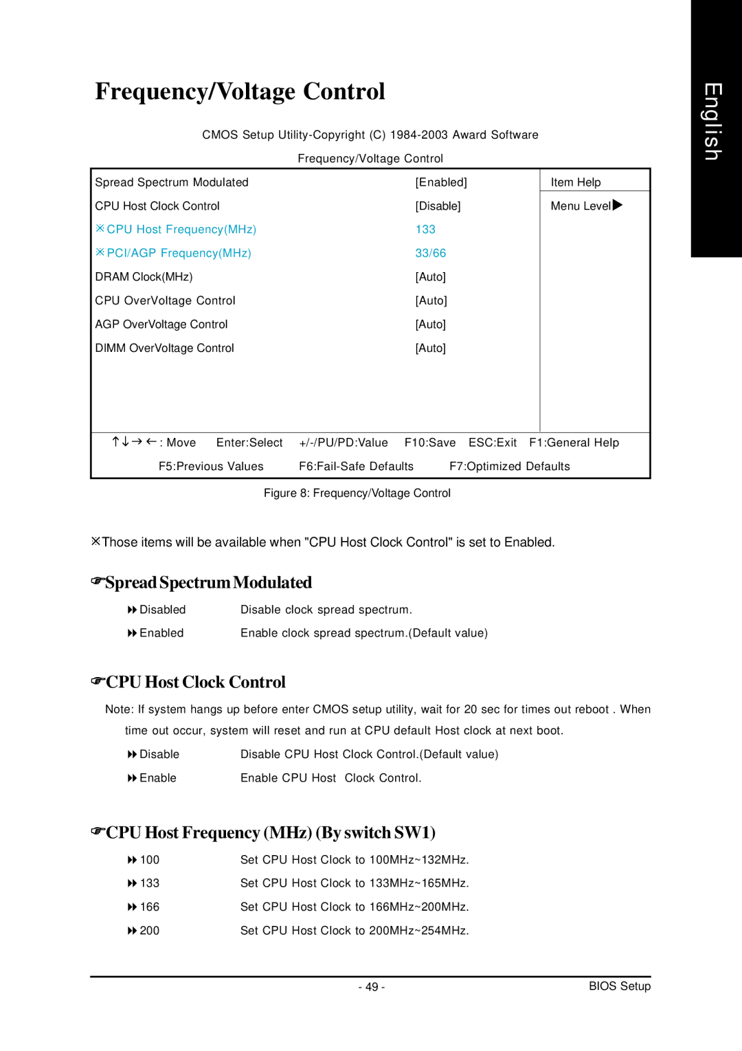 Gigabyte GA-7VT600 manual Frequency/Voltage Control, Spread Spectrum Modulated, CPU Host Clock Control 