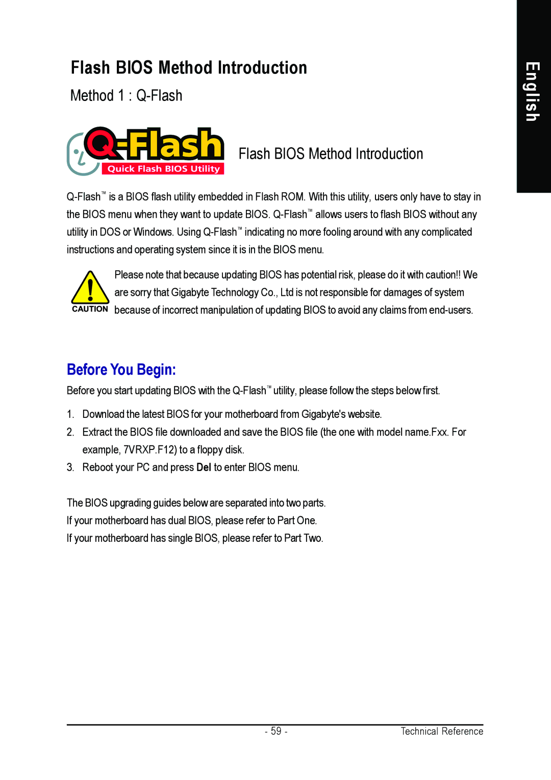 Gigabyte GA-7VT600 manual Method 1 Q-Flash Flash Bios Method Introduction 