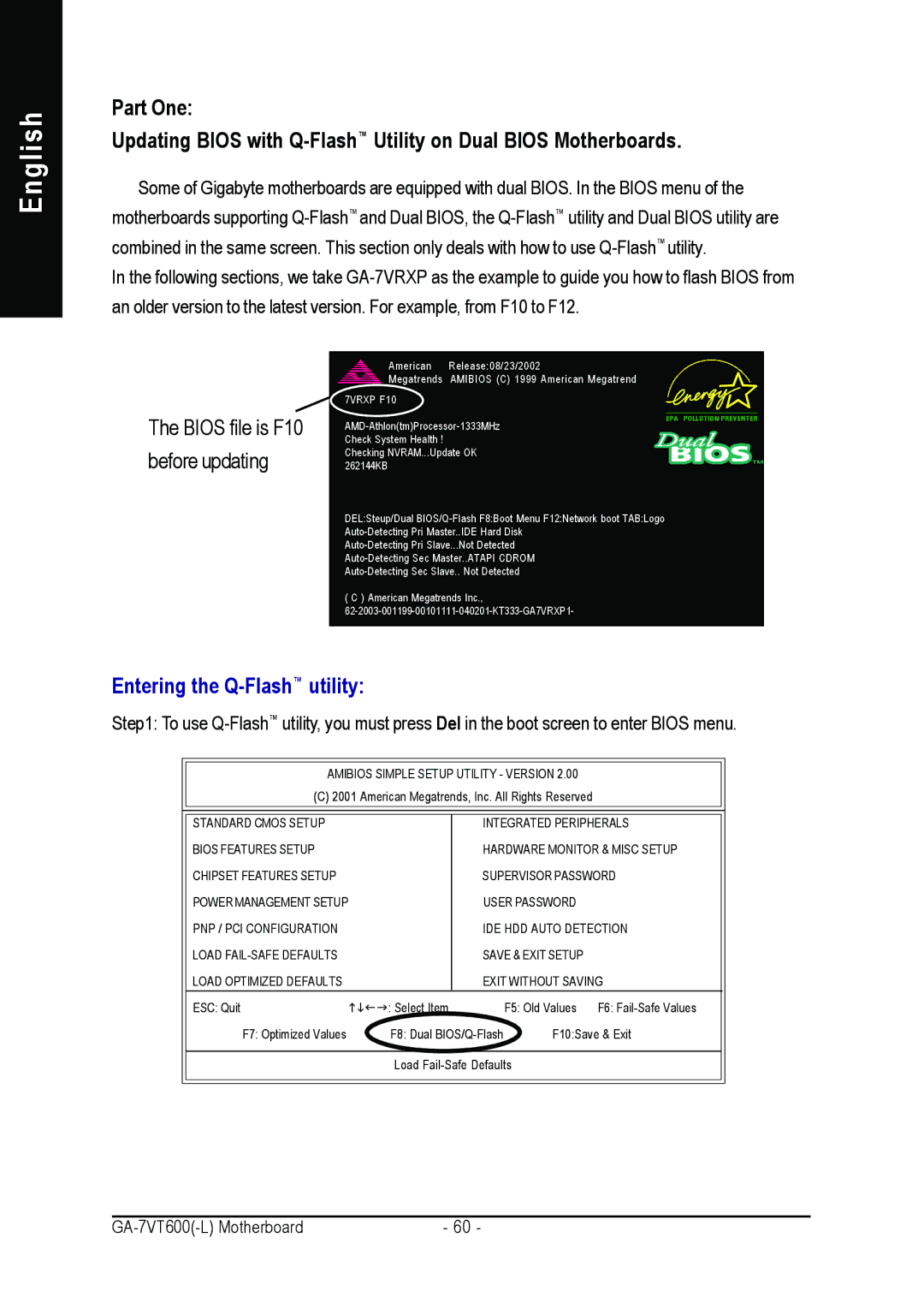 Gigabyte GA-7VT600 manual Entering the Q-Flashutility 