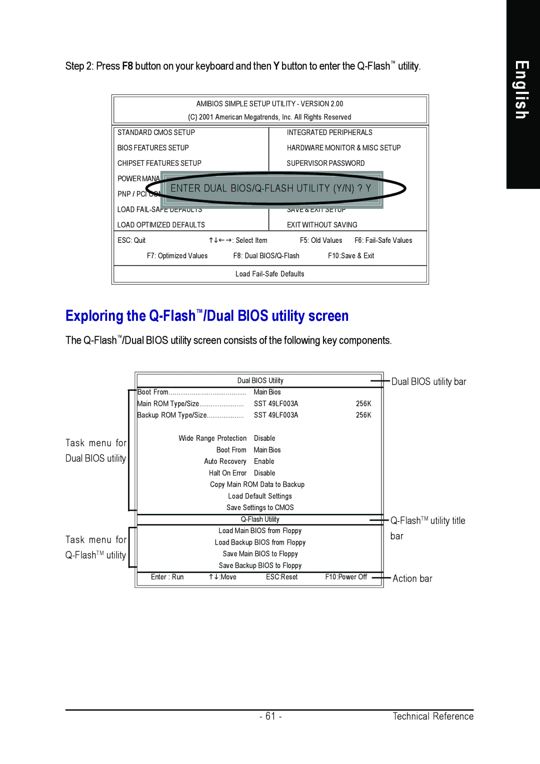 Gigabyte GA-7VT600 manual Exploring the Q-Flash/Dual Bios utility screen 