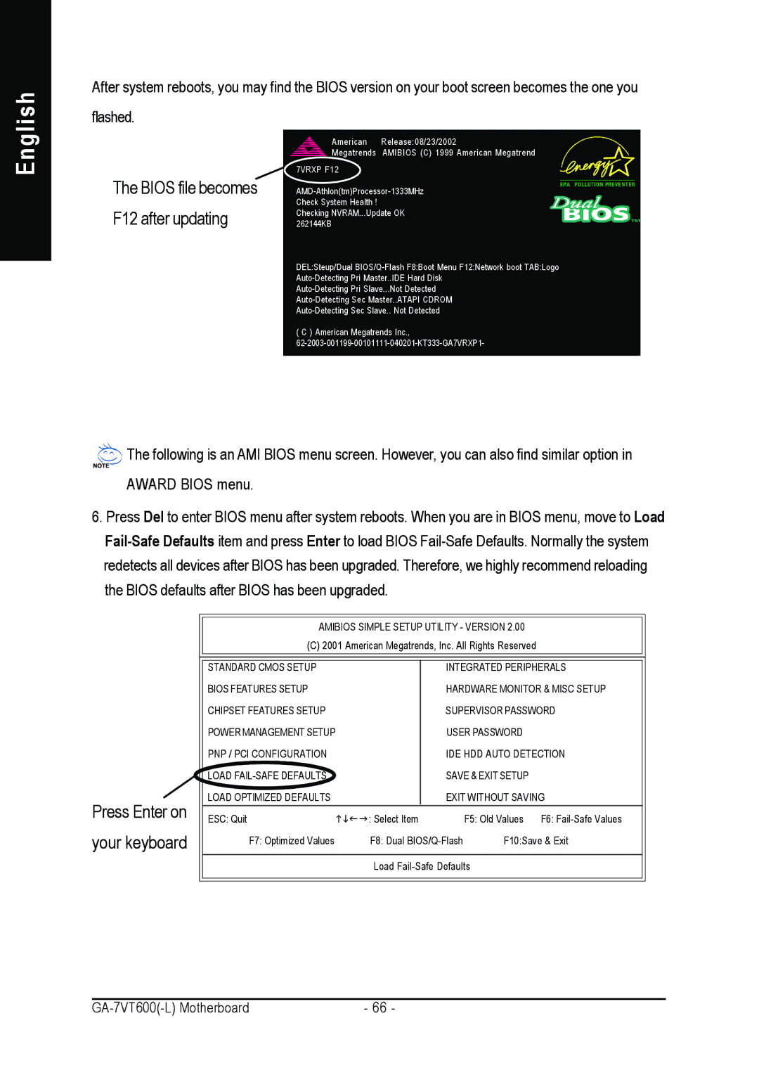 Gigabyte GA-7VT600 manual Bios file becomes F12 after updating 