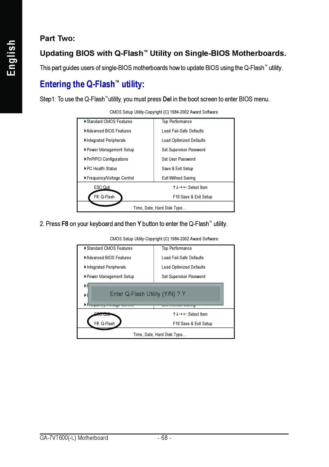 Gigabyte GA-7VT600 manual Entering the Q-Flashutility 