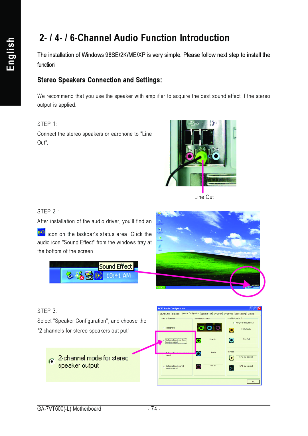 Gigabyte GA-7VT600 manual Channel Audio Function Introduction, Stereo Speakers Connection and Settings 