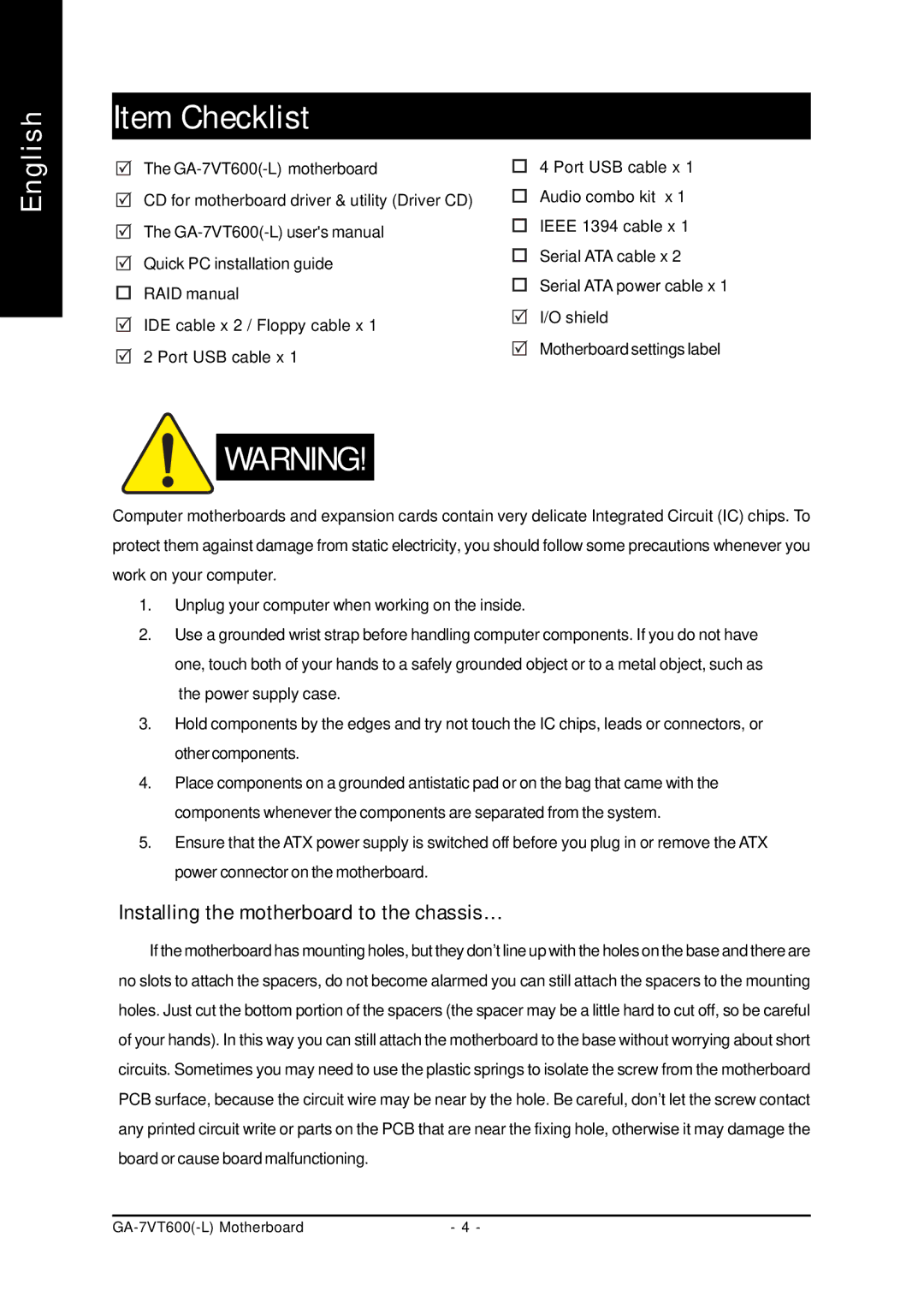 Gigabyte GA-7VT600 manual Item Checklist, Installing the motherboard to the chassis… 