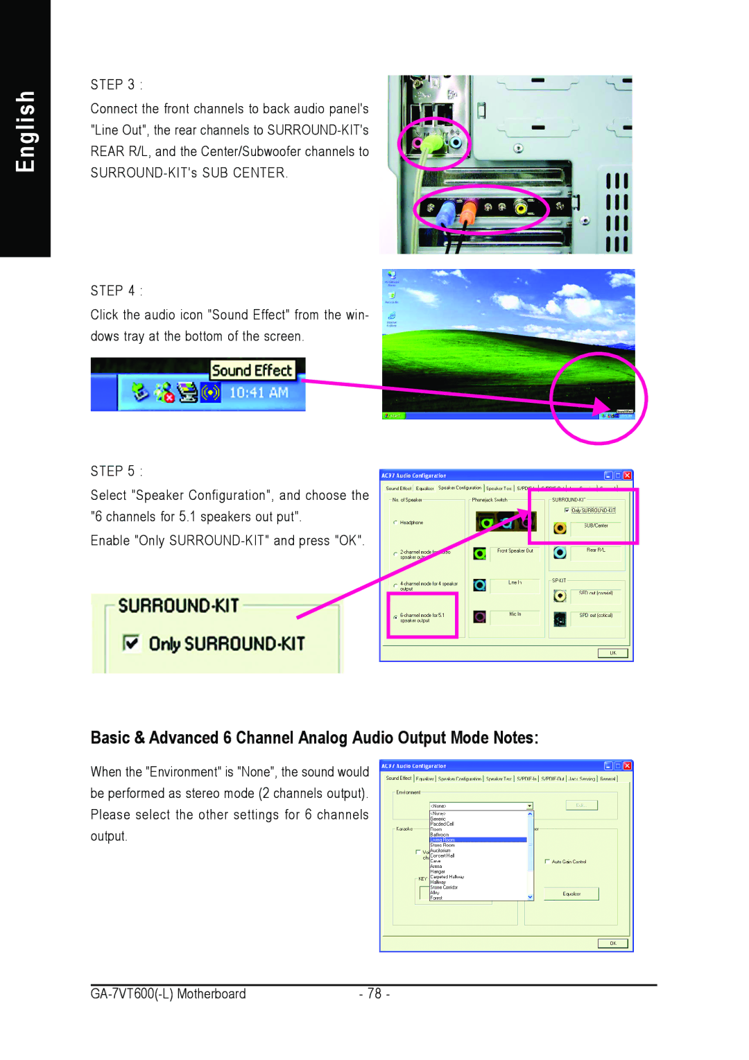 Gigabyte GA-7VT600 manual Basic & Advanced 6 Channel Analog Audio Output Mode Notes 