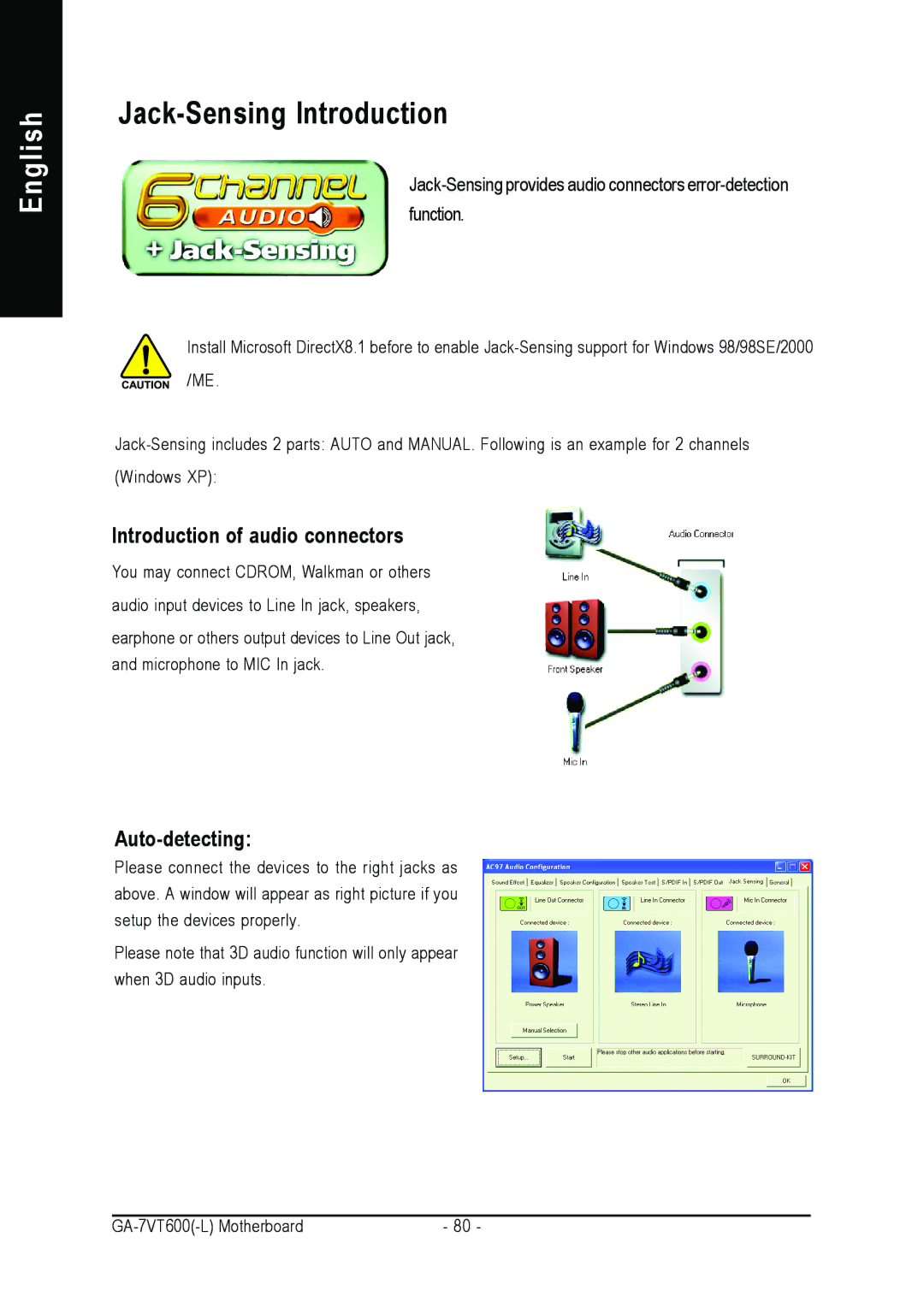 Gigabyte GA-7VT600 manual Jack-Sensing Introduction, Introduction of audio connectors, Auto-detecting 