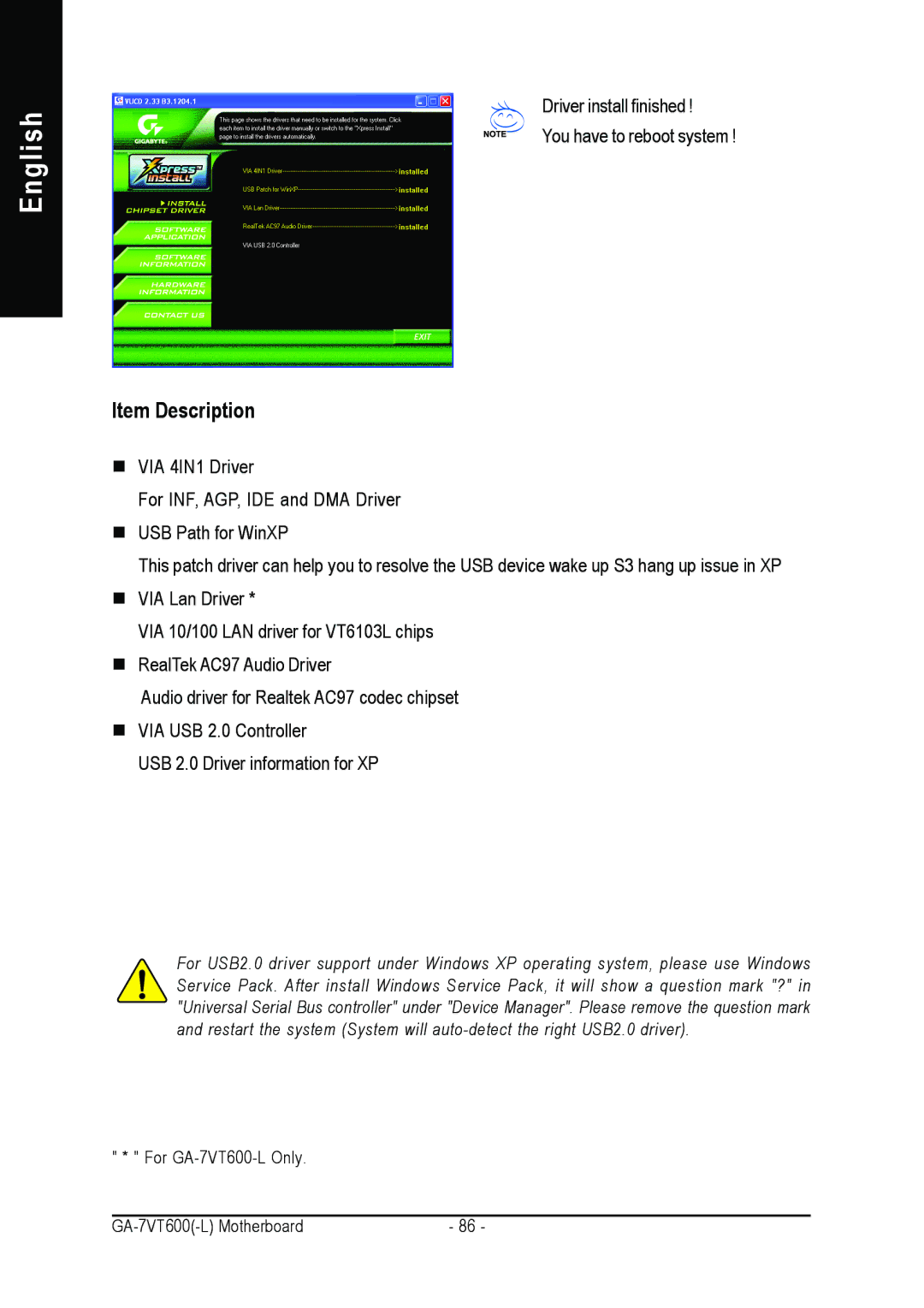 Gigabyte GA-7VT600 manual Item Description 