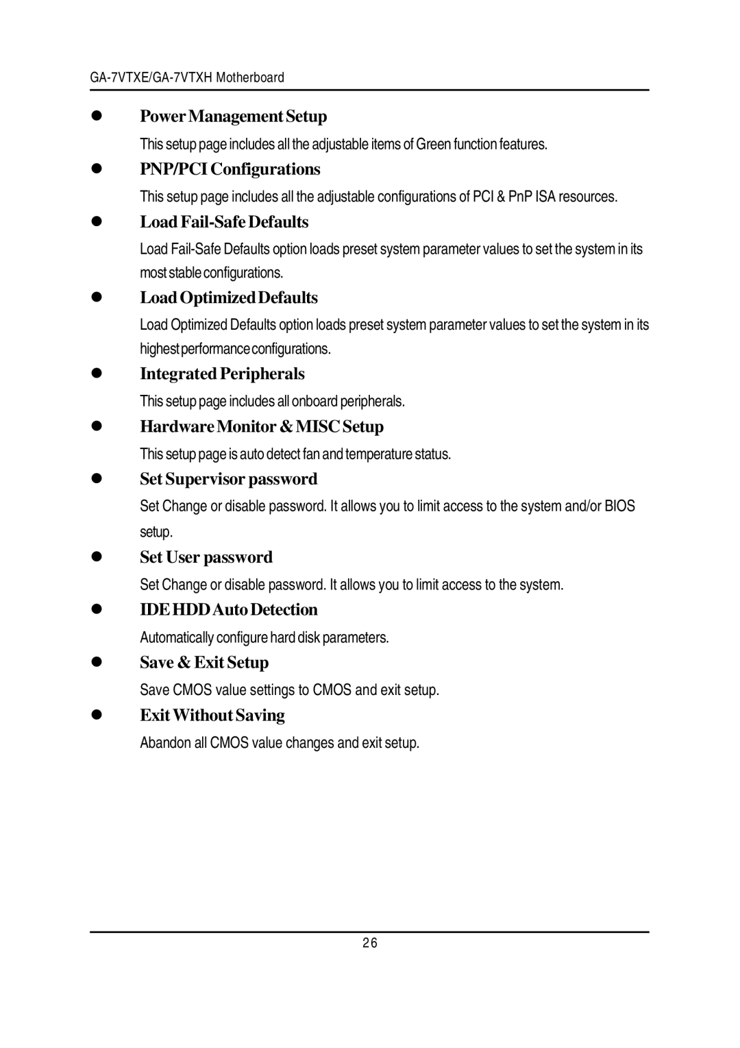 Gigabyte GA-7VTXE warranty Power Management Setup, PNP/PCI Configurations, Load Fail-Safe Defaults, Load Optimized Defaults 