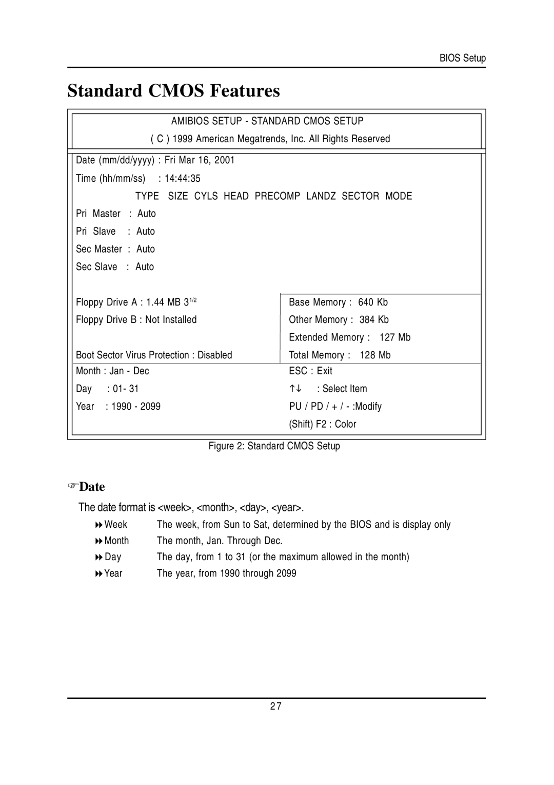 Gigabyte GA-7VTXH Standard Cmos Features, Date format is week, month, day, year, Amibios Setup Standard Cmos Setup 