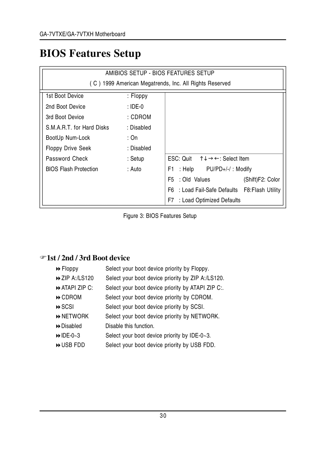 Gigabyte GA-7VTXE, GA-7VTXH warranty Bios Features Setup, 1st / 2nd / 3rd Boot device 