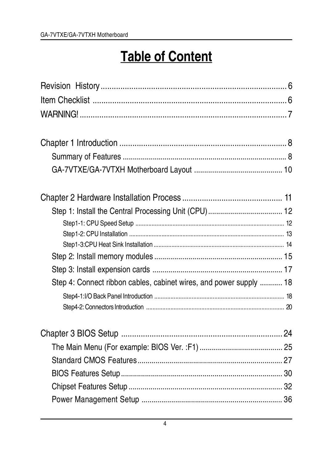 Gigabyte GA-7VTXE, GA-7VTXH warranty Table of Content 