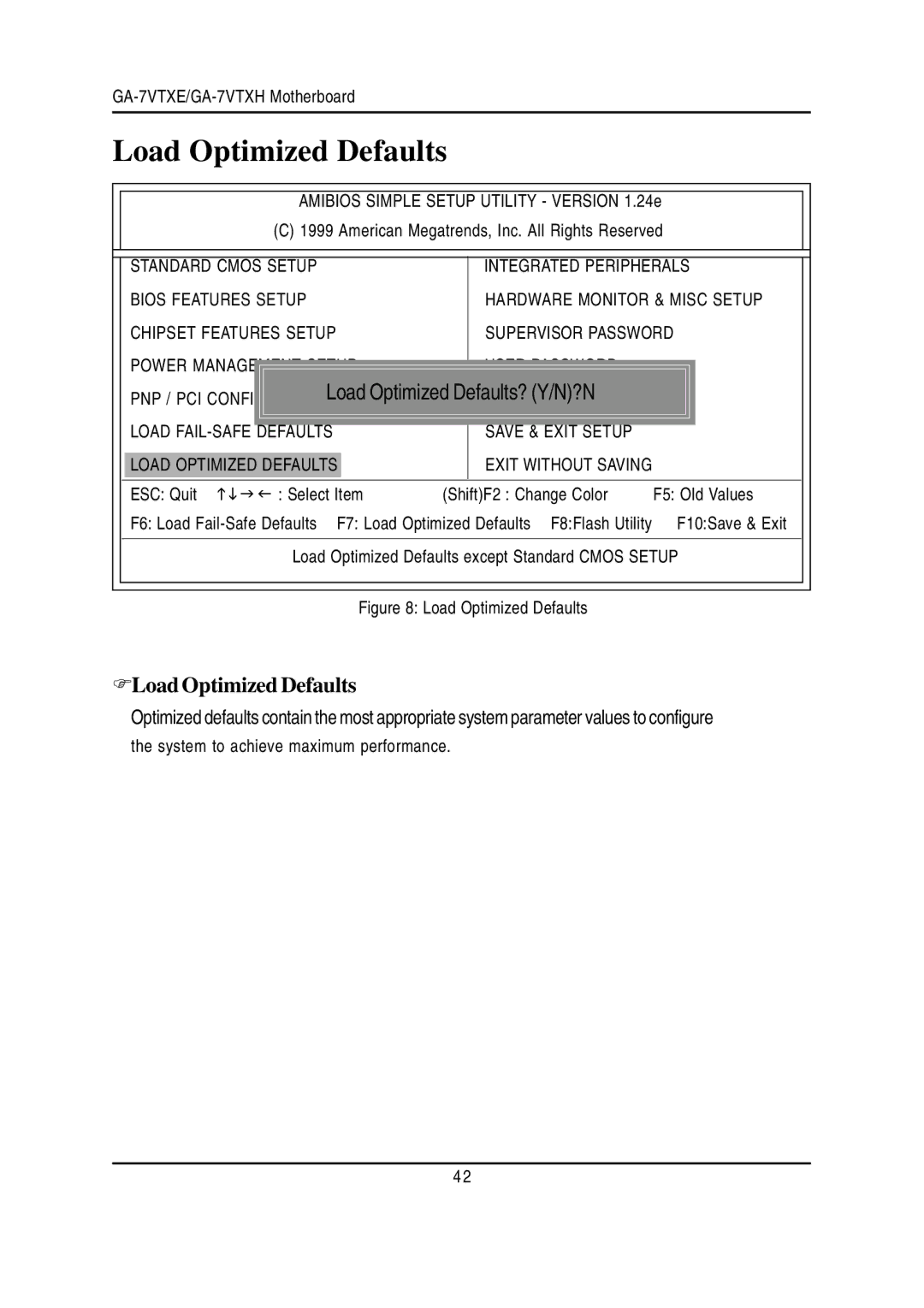 Gigabyte GA-7VTXE, GA-7VTXH warranty Load Optimized Defaults? Y/N?N, Defaults Save & Exit Setup 