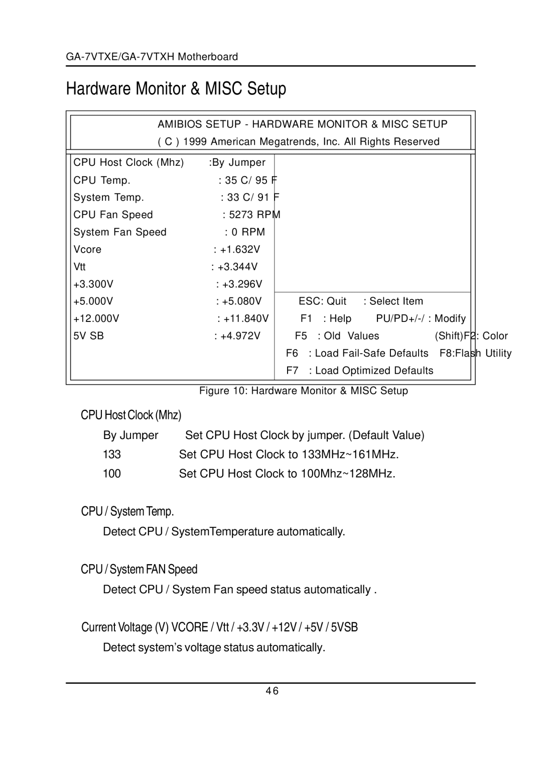 Gigabyte GA-7VTXE, GA-7VTXH Hardware Monitor & Misc Setup, CPU Host Clock Mhz, CPU / System Temp, CPU / System FAN Speed 