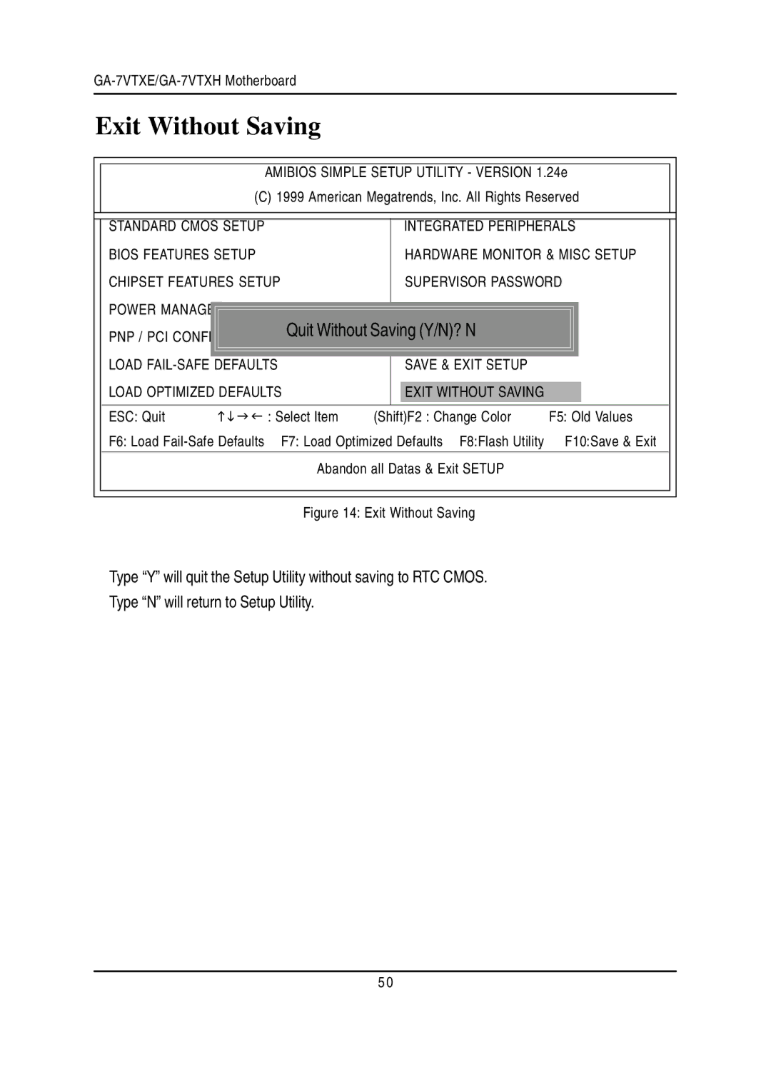 Gigabyte GA-7VTXE, GA-7VTXH warranty Exit Without Saving, Quit Without Saving Y/N? N 