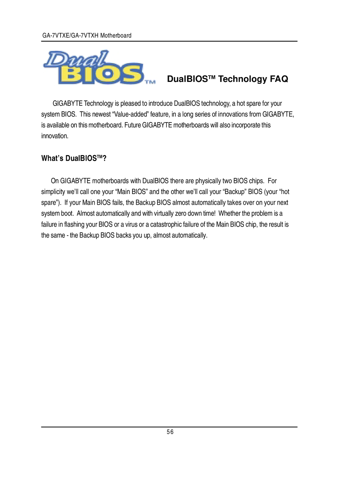 Gigabyte GA-7VTXE, GA-7VTXH warranty DualBIOSTM Technology FAQ, What’s DualBIOSTM? 