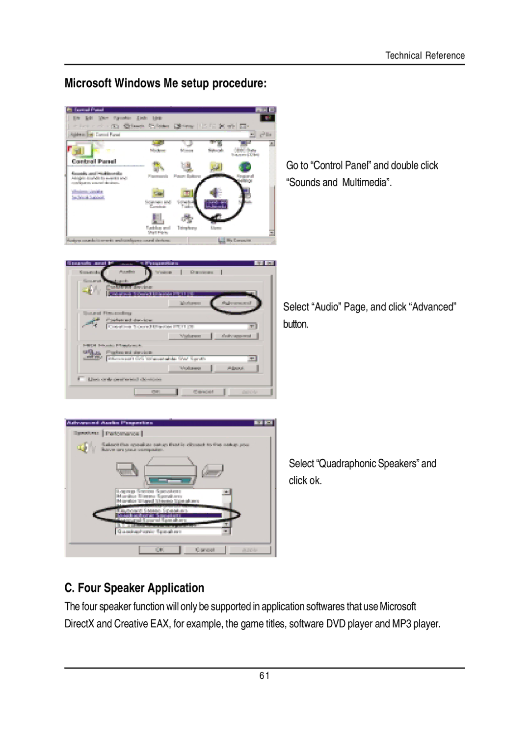 Gigabyte GA-7VTXH, GA-7VTXE warranty Microsoft Windows Me setup procedure, Four Speaker Application 