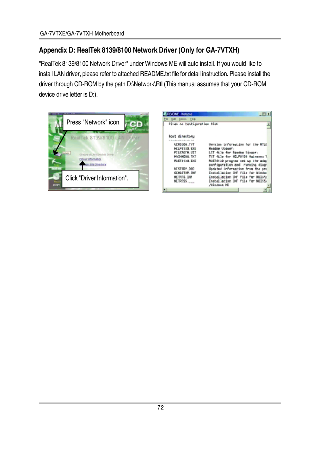 Gigabyte GA-7VTXE, GA-7VTXH warranty Press Network icon Click Driver Information 