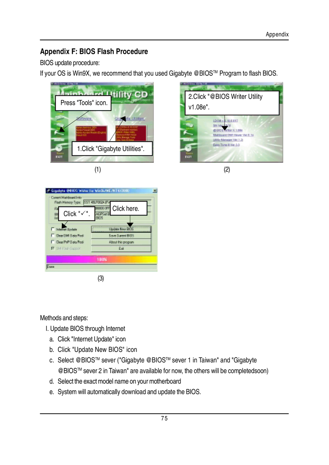 Gigabyte GA-7VTXH, GA-7VTXE warranty Appendix F Bios Flash Procedure, Bios update procedure 