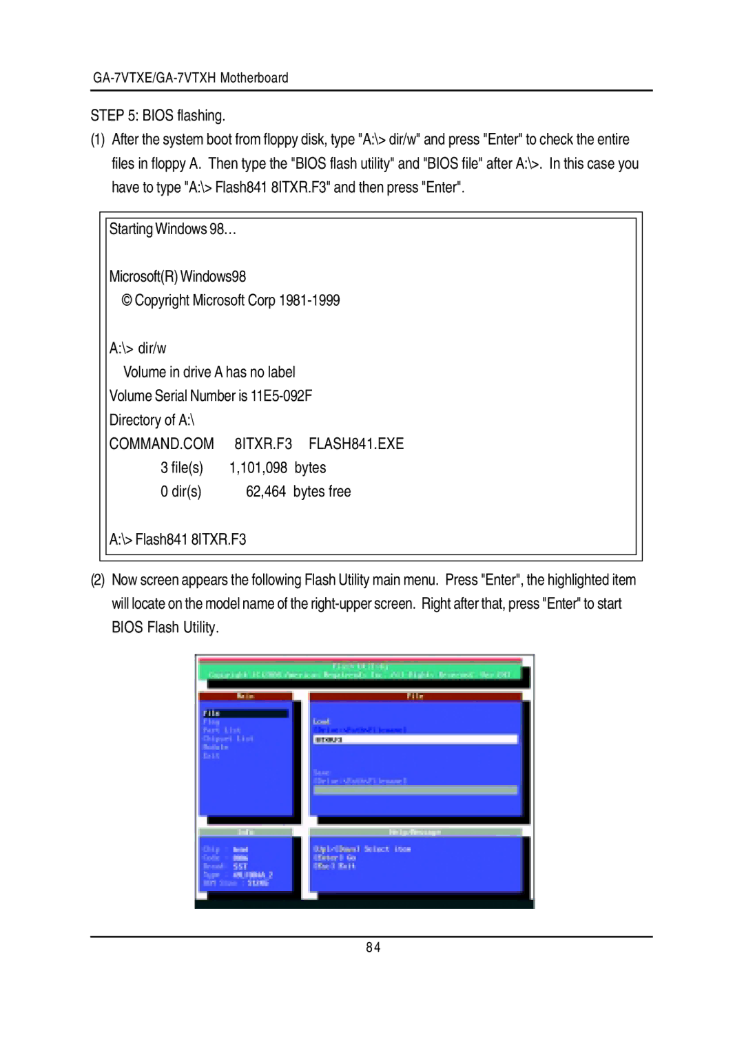 Gigabyte GA-7VTXE, GA-7VTXH warranty Bios flashing, Files, Dirs 62,464 Bytes free \ Flash841 8ITXR.F3 