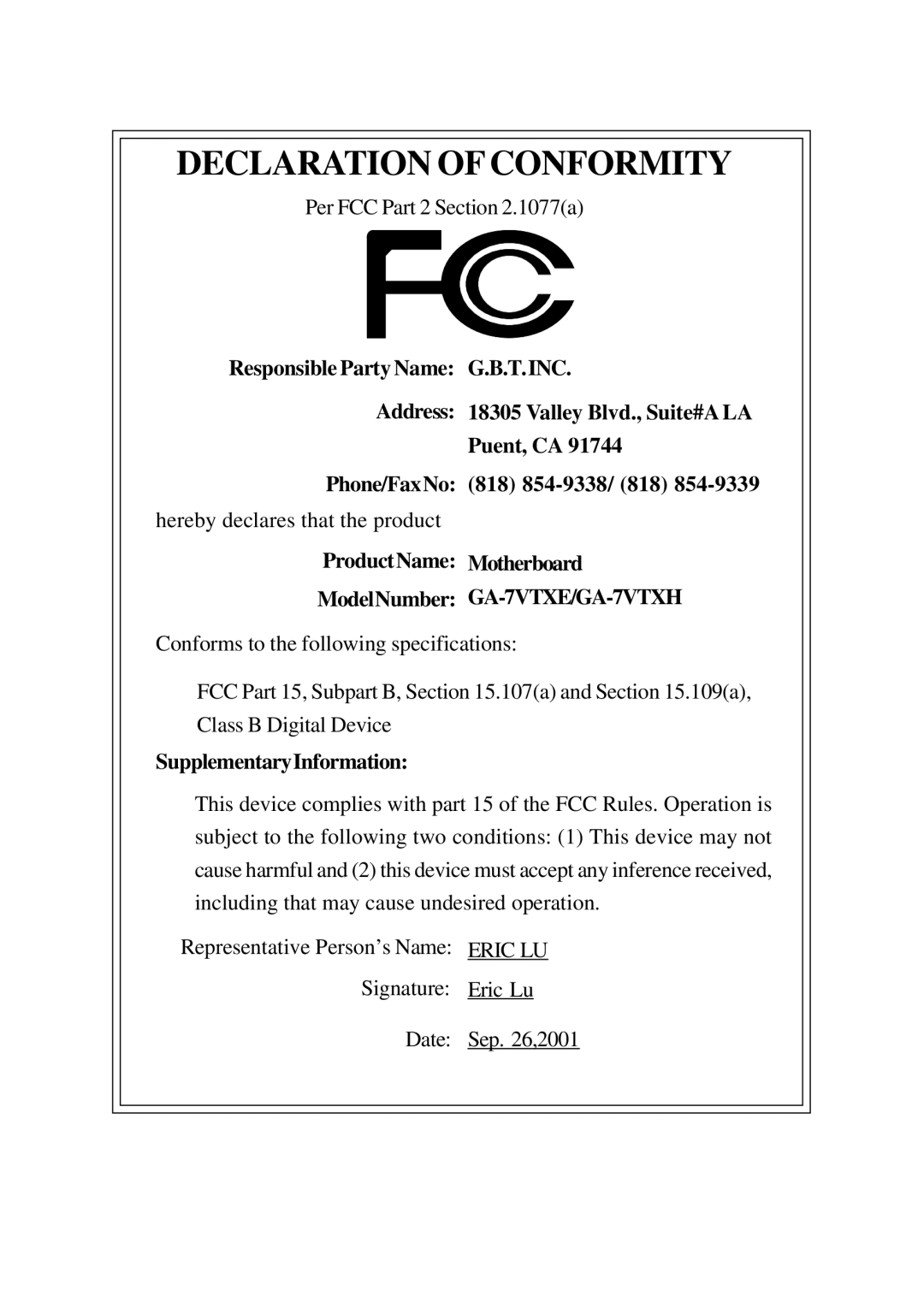 Gigabyte GA-7VTXH, GA-7VTXE warranty Declaration of Conformity, SupplementaryInformation 