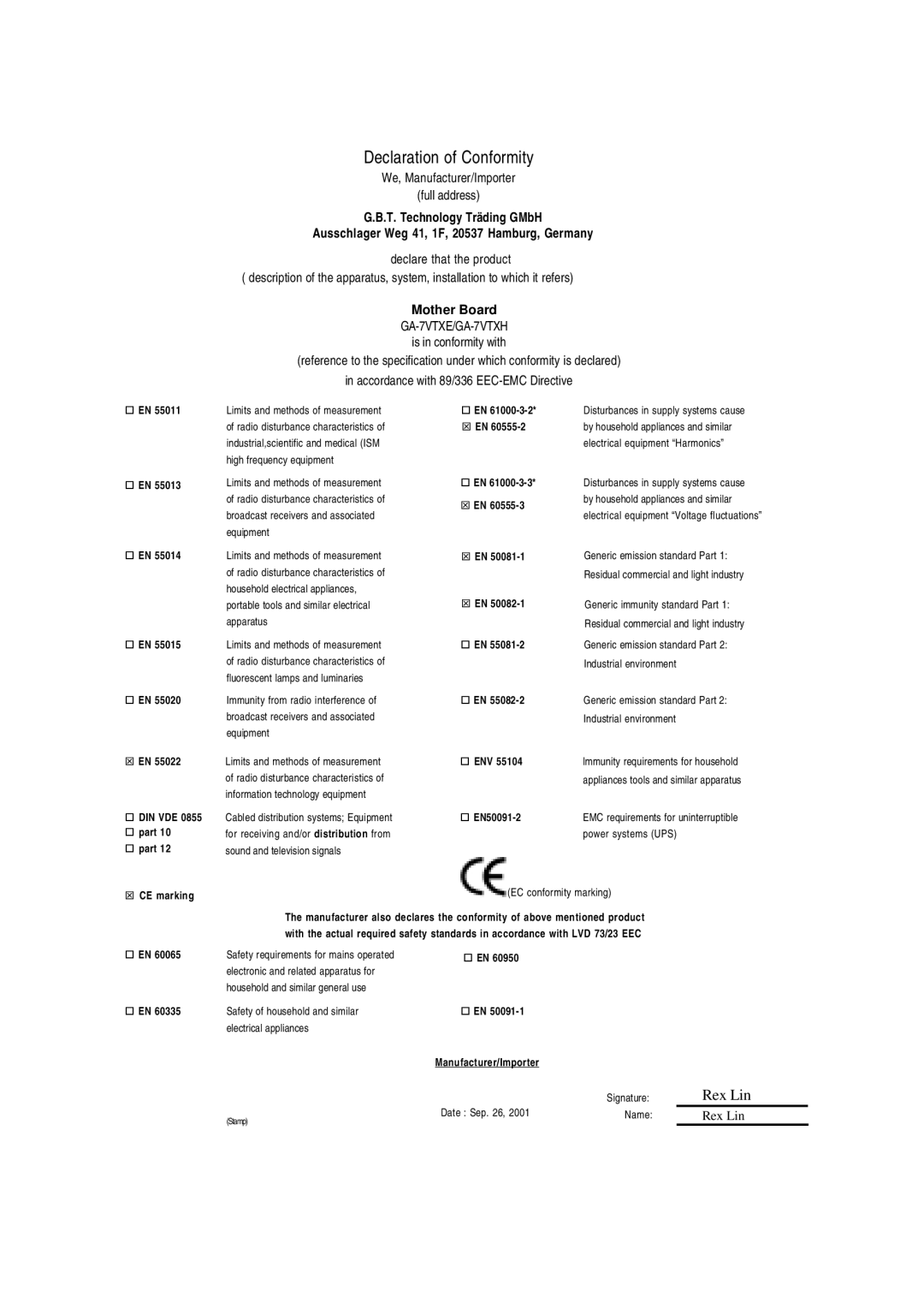 Gigabyte GA-7VTXE, GA-7VTXH warranty Declaration of Conformity 