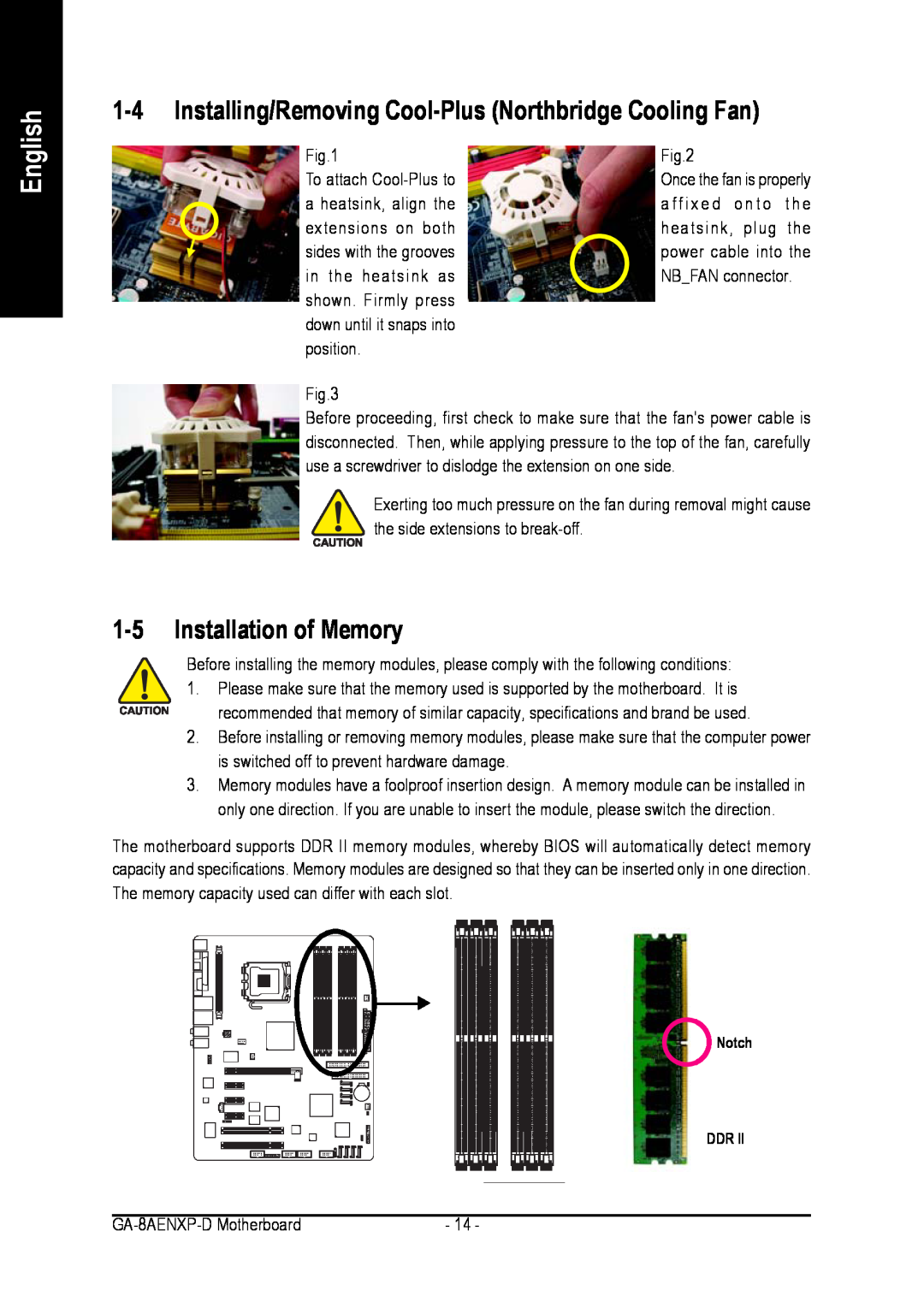Gigabyte GA-8AENXP-D user manual Installing/Removing Cool-Plus Northbridge Cooling Fan, Installation of Memory, English 