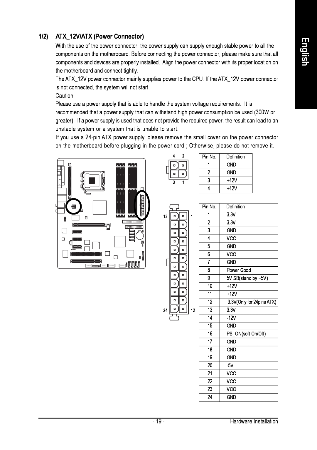 Gigabyte GA-8AENXP-D user manual 1/2 ATX12V/ATX Power Connector, English 