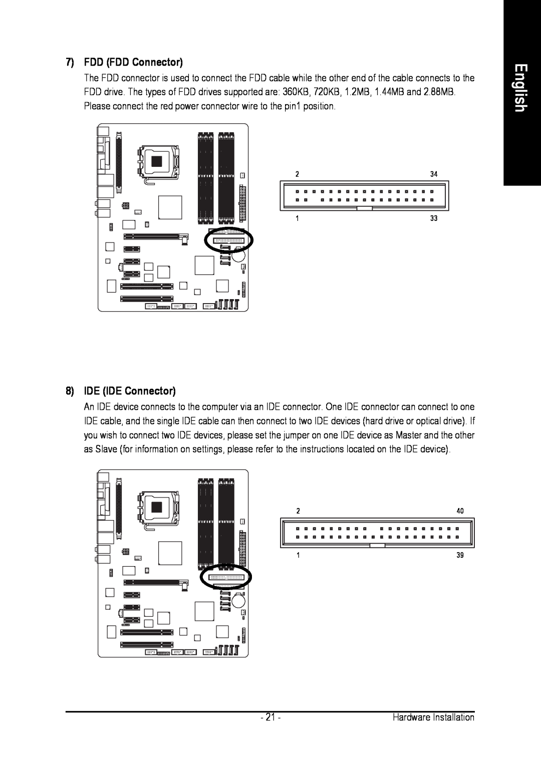 Gigabyte GA-8AENXP-D user manual FDD FDD Connector, IDE IDE Connector, English 