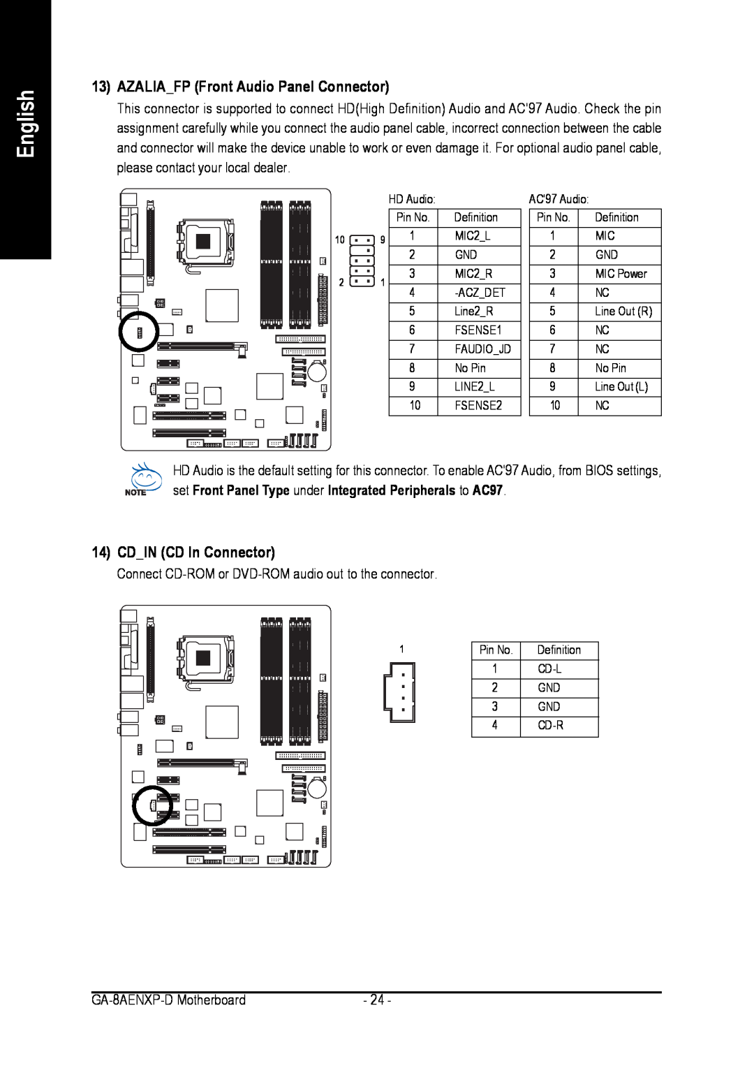 Gigabyte GA-8AENXP-D user manual AZALIAFP Front Audio Panel Connector, CDIN CD In Connector, English 