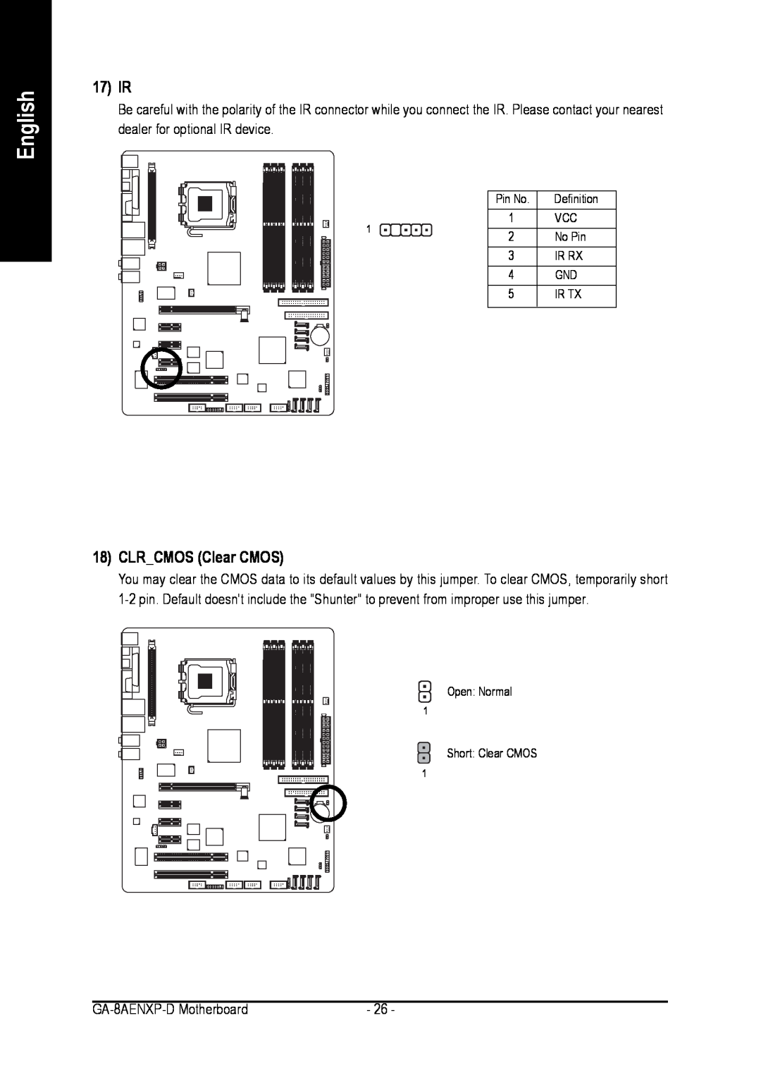 Gigabyte GA-8AENXP-D user manual 17 IR, CLRCMOS Clear CMOS, English 
