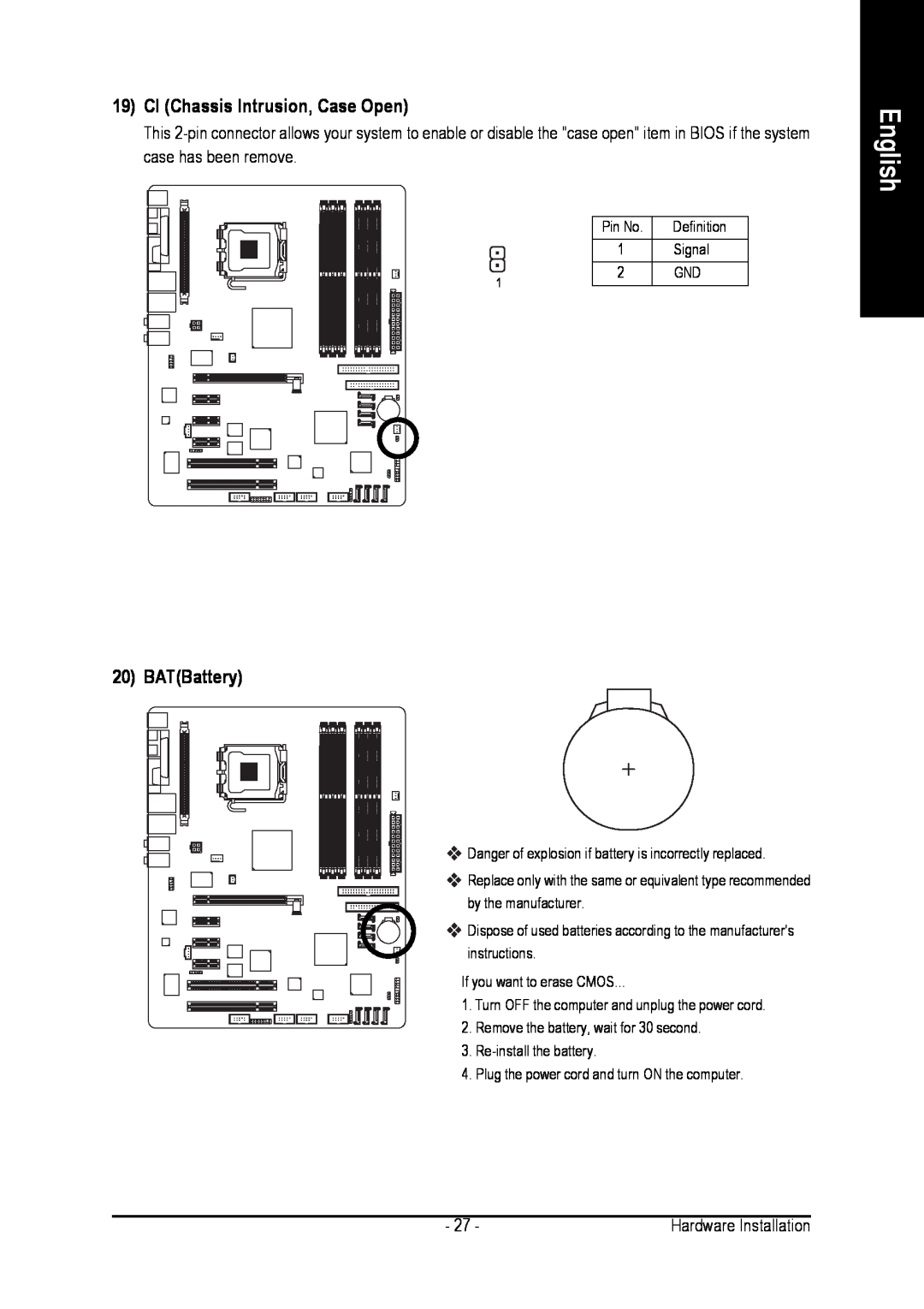 Gigabyte GA-8AENXP-D user manual CI Chassis Intrusion, Case Open, BATBattery, English 