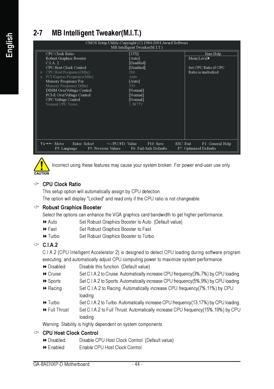 Gigabyte GA-8AENXP-D user manual MB Intelligent TweakerM.I.T, CPU Clock Ratio, Robust Graphics Booster, C.I.A.2, English 