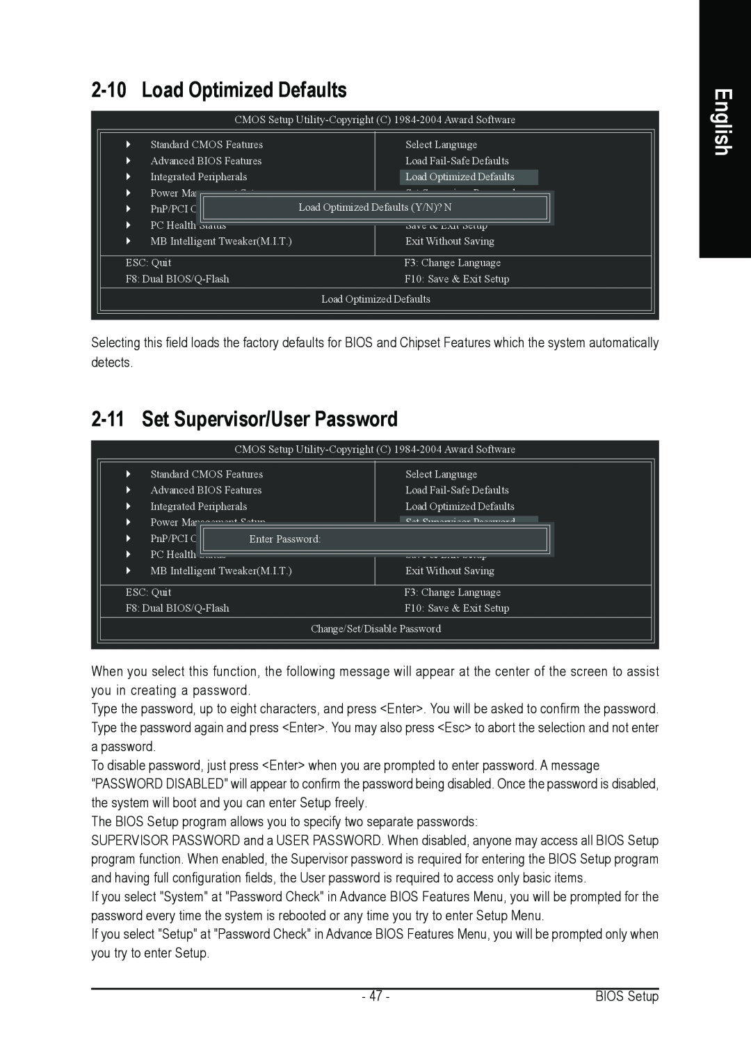 Gigabyte GA-8AENXP-D user manual Load Optimized Defaults, 2-11, Set Supervisor/User Password, English 