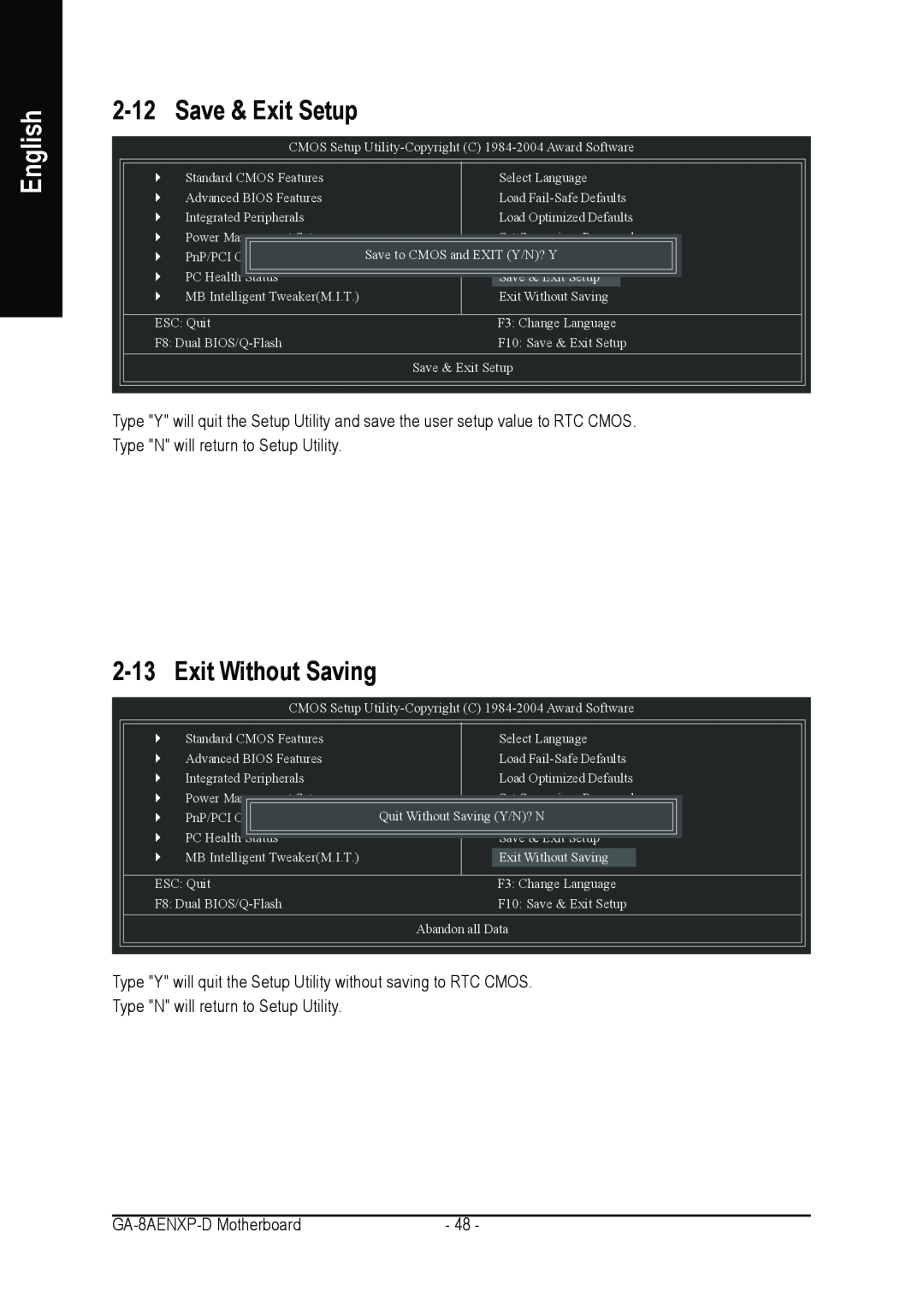 Gigabyte GA-8AENXP-D user manual Save & Exit Setup, Exit Without Saving, English 
