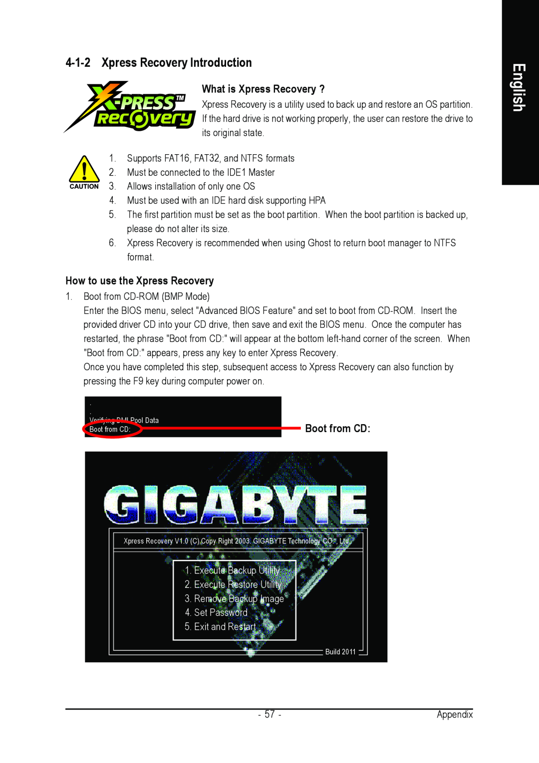 Gigabyte GA-8AENXP-D Xpress Recovery Introduction, What is Xpress Recovery ?, How to use the Xpress Recovery, English 