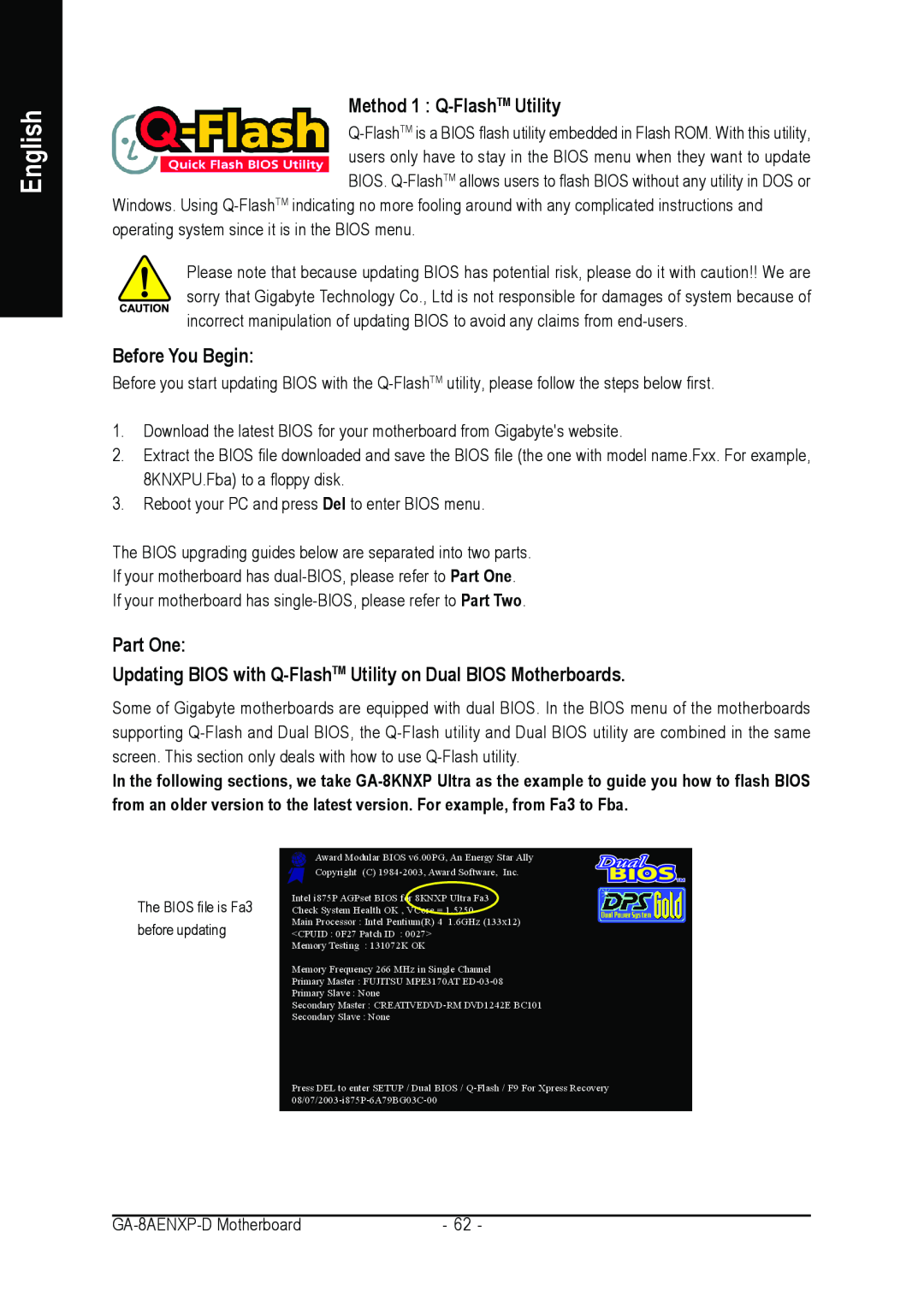 Gigabyte GA-8AENXP-D user manual Method 1 Q-FlashTM Utility, Before You Begin, Part One, English 