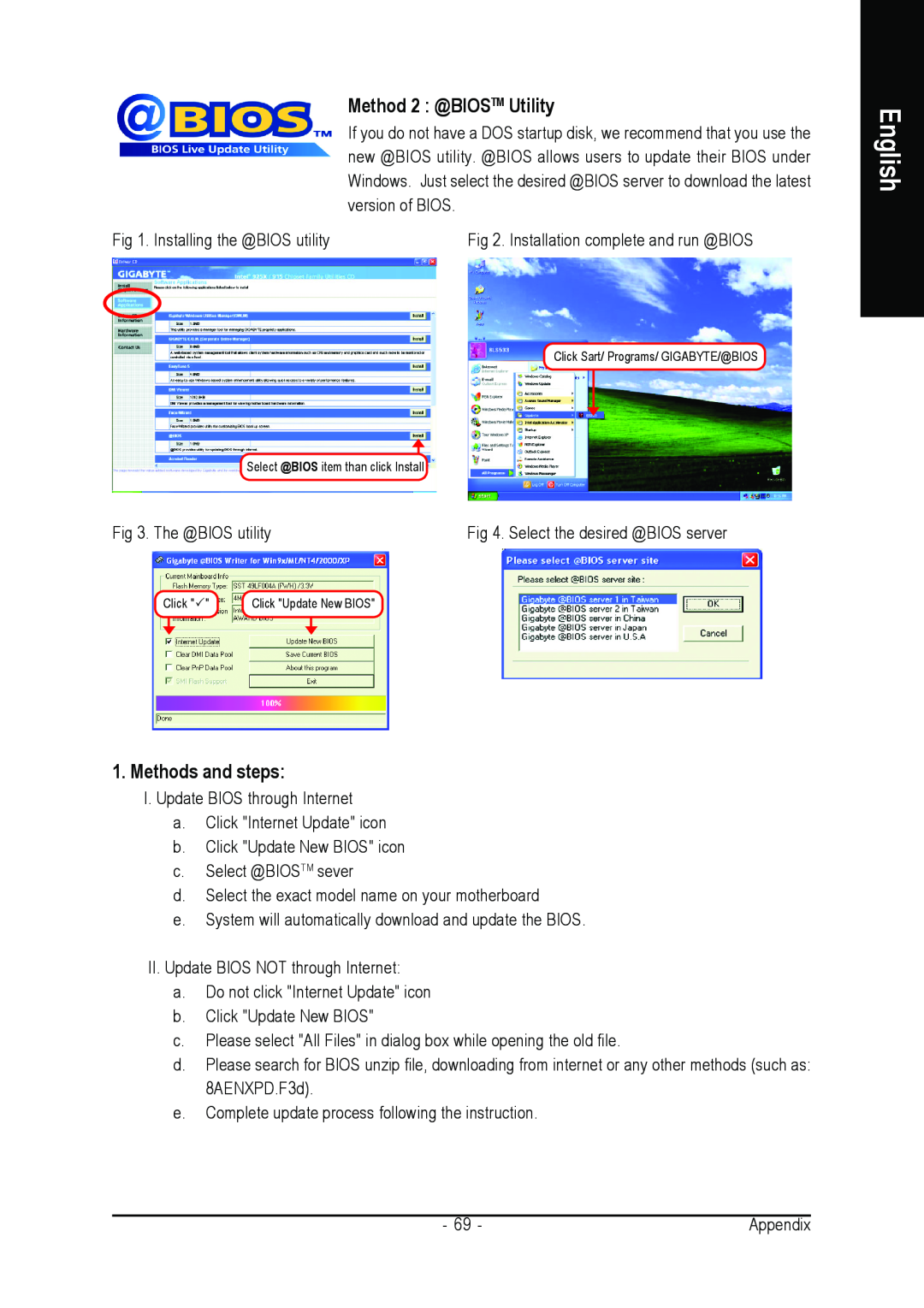 Gigabyte GA-8AENXP-D user manual Method 2 @BIOSTM Utility, Methods and steps, English 